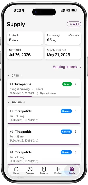 Glapp supply tracking for GLP-1 vials, pens, and BUD dates