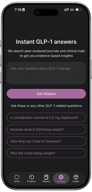 Glapp Wisdom feature providing research-backed answers to GLP-1 questions