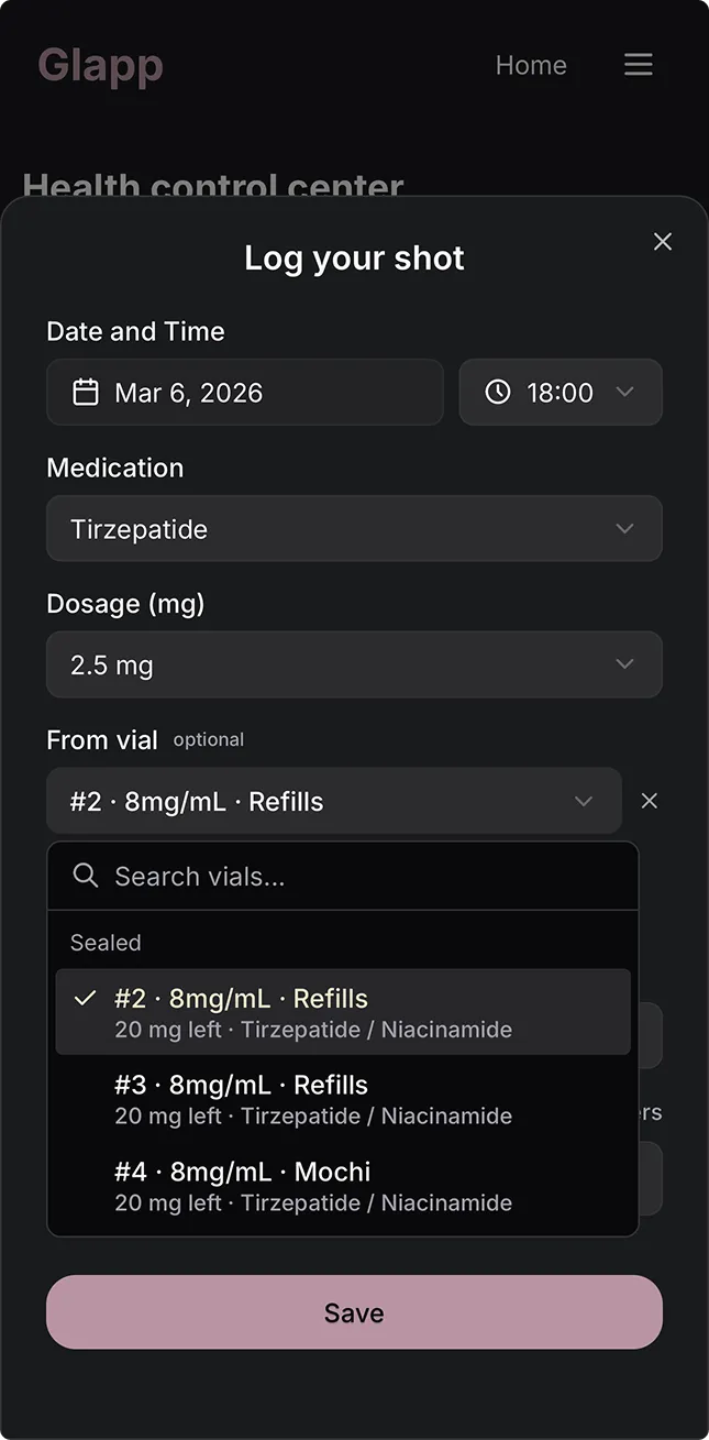 Glapp automatically deducting dose volume from compounded tirzepatide vial after injection log