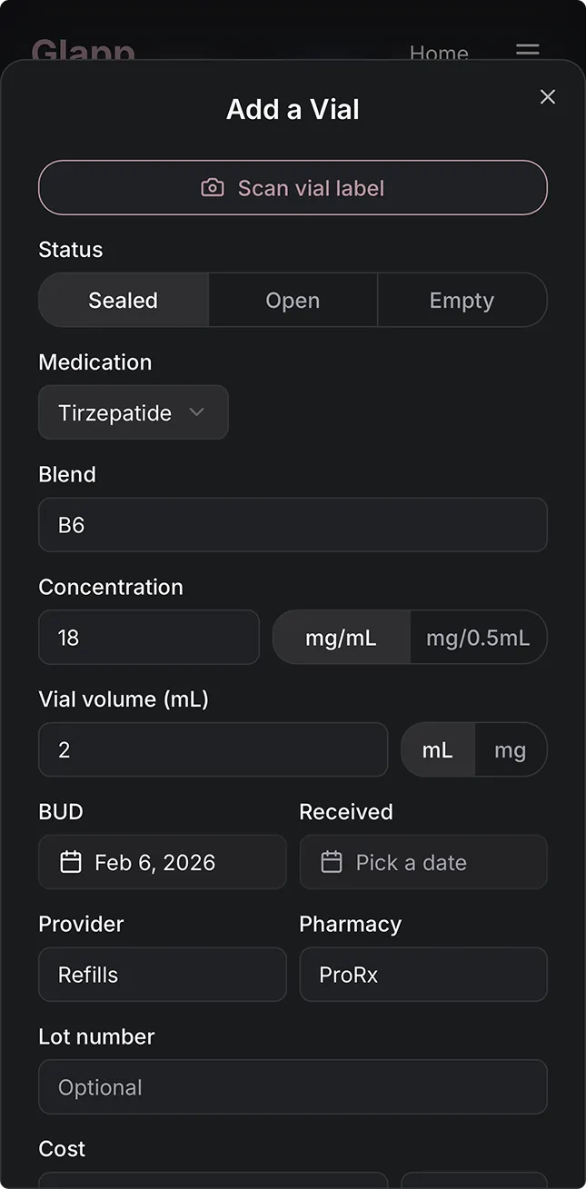 Glapp Add a Vial screen for compounded GLP-1 medication with scan vial label and concentration fields