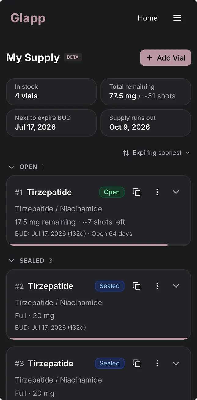 Glapp My Supply screen showing compounded tirzepatide vial inventory with BUD dates and remaining doses
