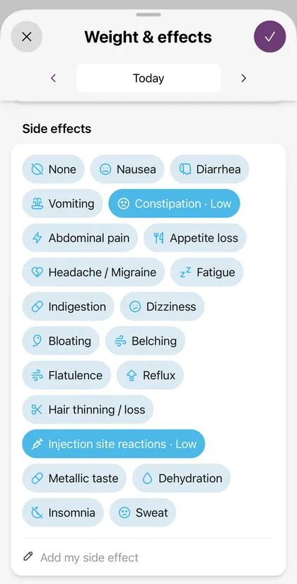 Glapp app for tracking GLP-1 side effects, showing selectable symptom options such as nausea, fatigue, and constipation