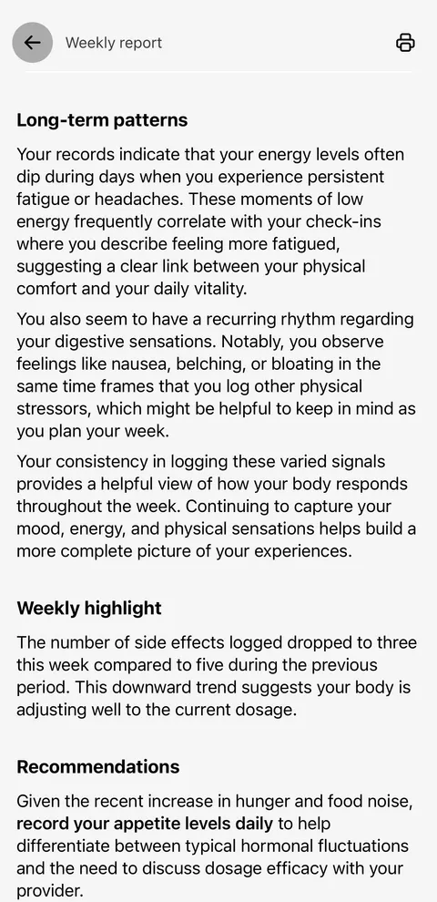 Glapp weekly report providing personalized insights, long-term symptom patterns, and recommendations for managing GLP-1 weight loss