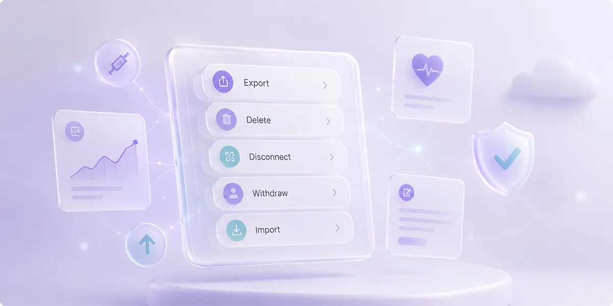 Glapp privacy data controls showing export, delete, disconnect, withdraw, and import options