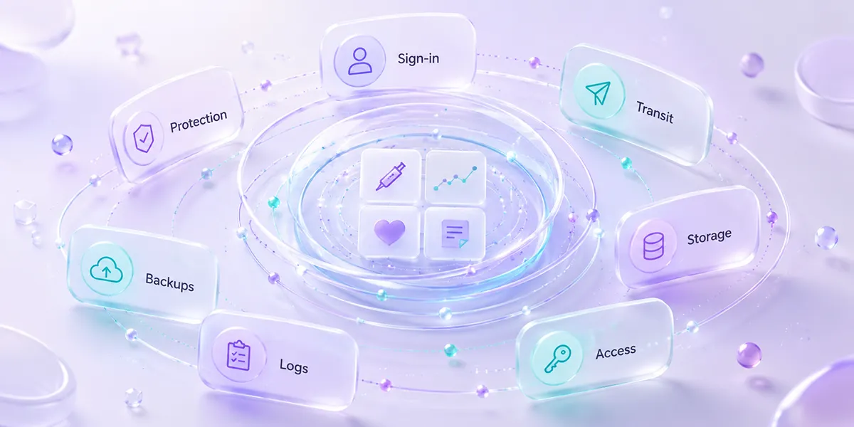 Glapp privacy protection layers showing sign-in, transit, storage, access, logs, backups, and protection around health data