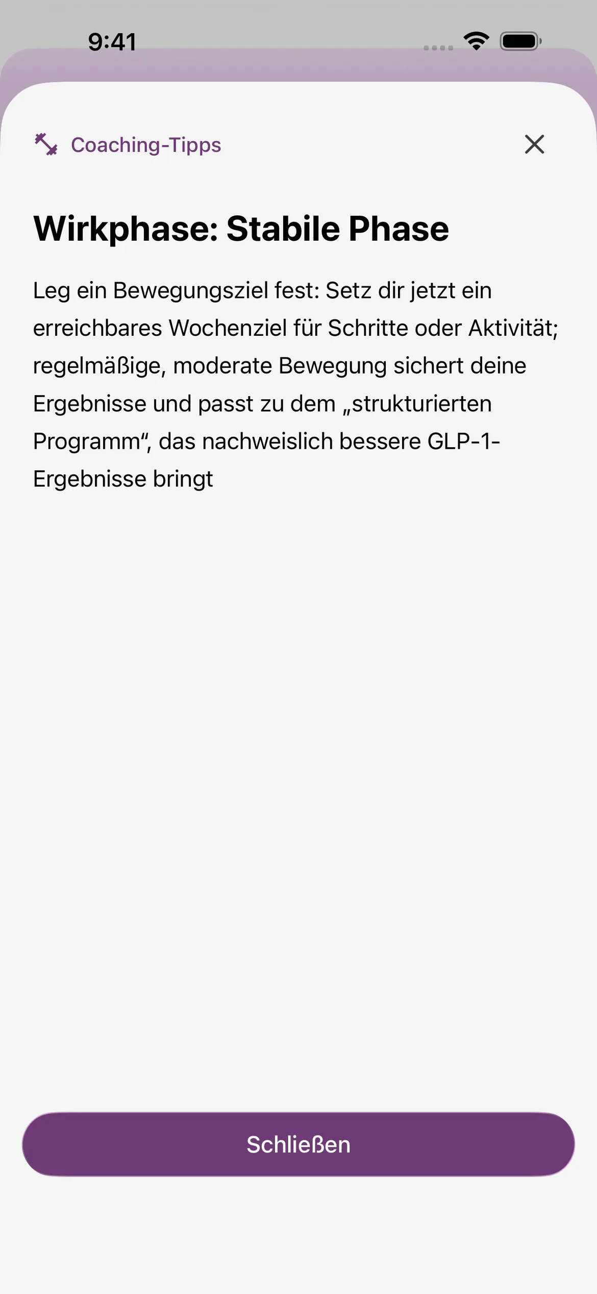 „Coaching-Tipps“ in Glapp für iOS zur Stabilen Phase, mit der vollständigen Erinnerung an das Bewegungsziel