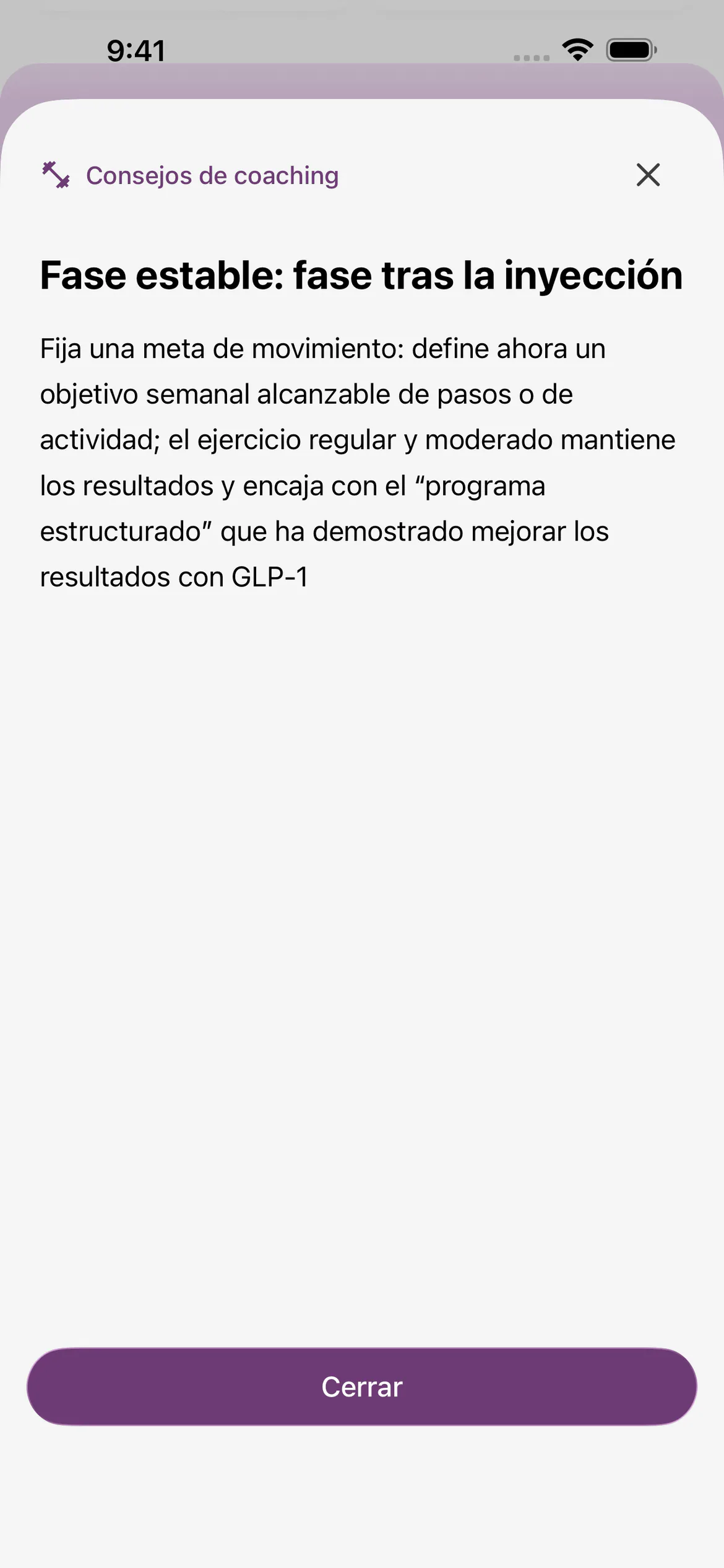 Detalle de “Consejos de coaching” de Glapp para iOS en la fase estable, con el recordatorio completo del objetivo de movimiento