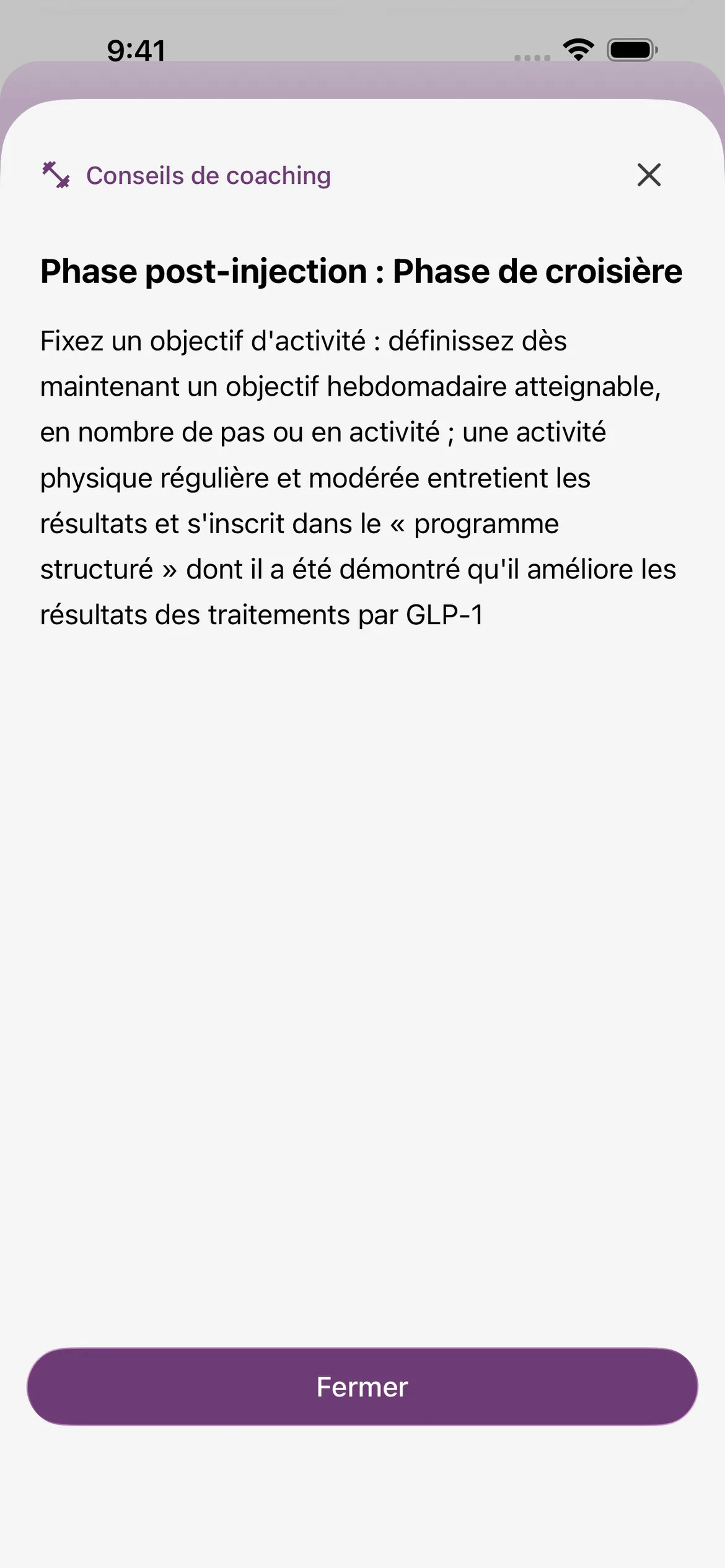 Détail des conseils de coaching de Glapp sur iOS pour la phase de croisière, avec le rappel complet sur l'objectif d'activité physique