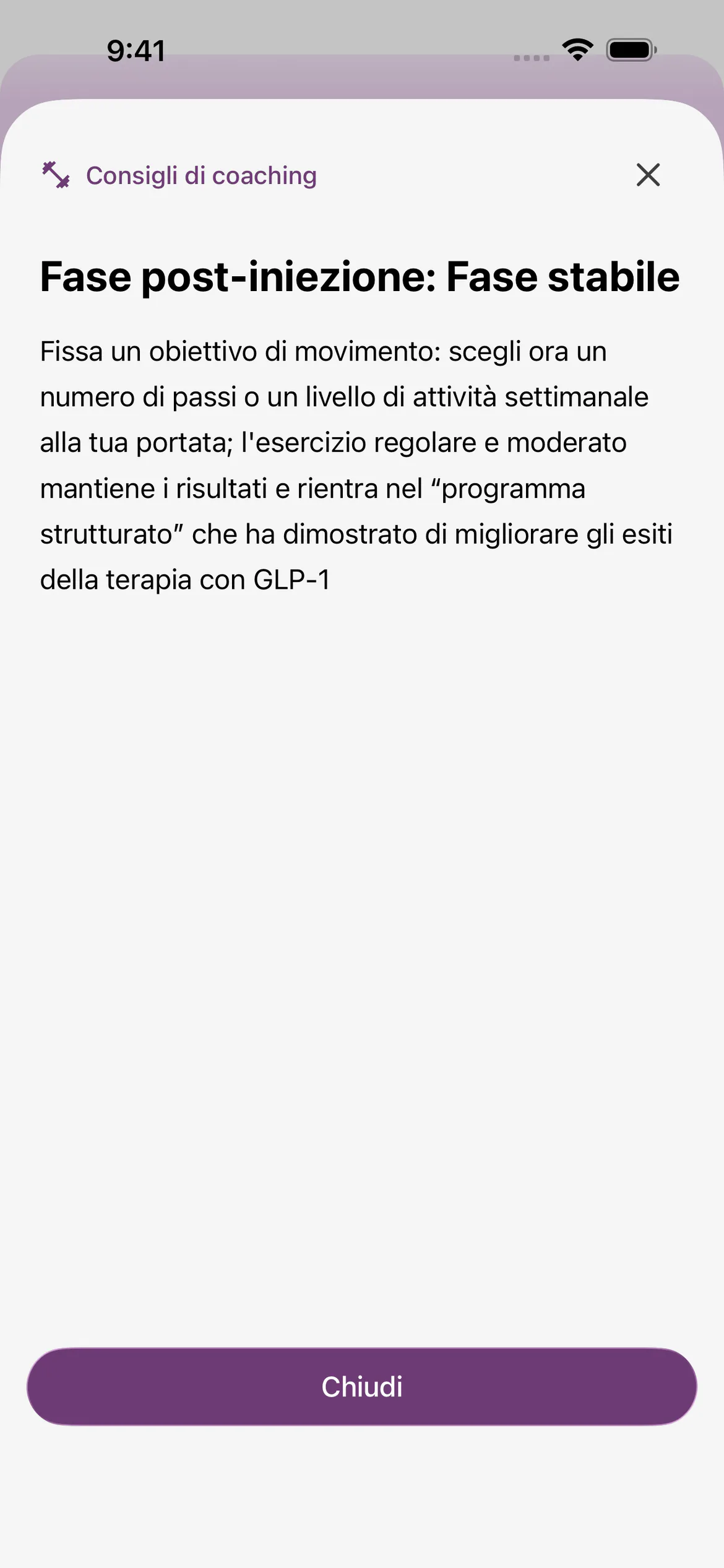 Dettaglio dei “Consigli di coaching” di Glapp per iOS nella “Fase stabile”, con il promemoria completo sull'obiettivo di movimento