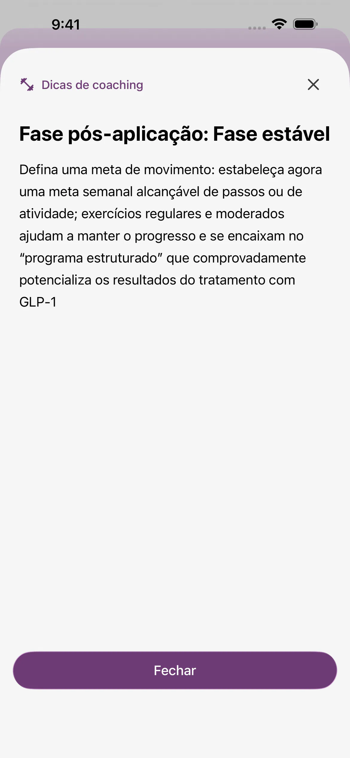Detalhe das dicas de coaching do Glapp no iOS para a Fase estável, com o lembrete completo sobre a meta de movimento