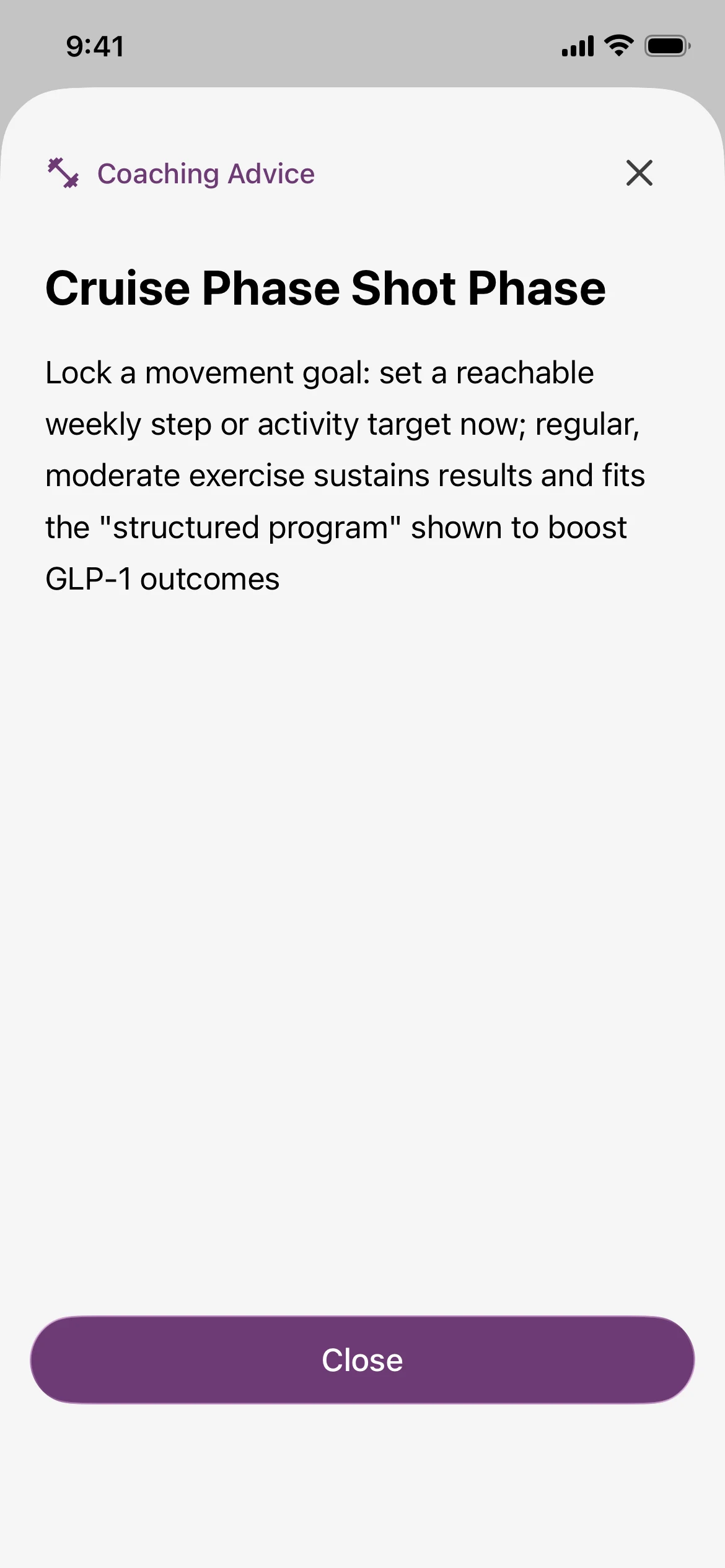 Glapp iOS Coaching Advice detail for Cruise Phase, with the complete movement-goal reminder