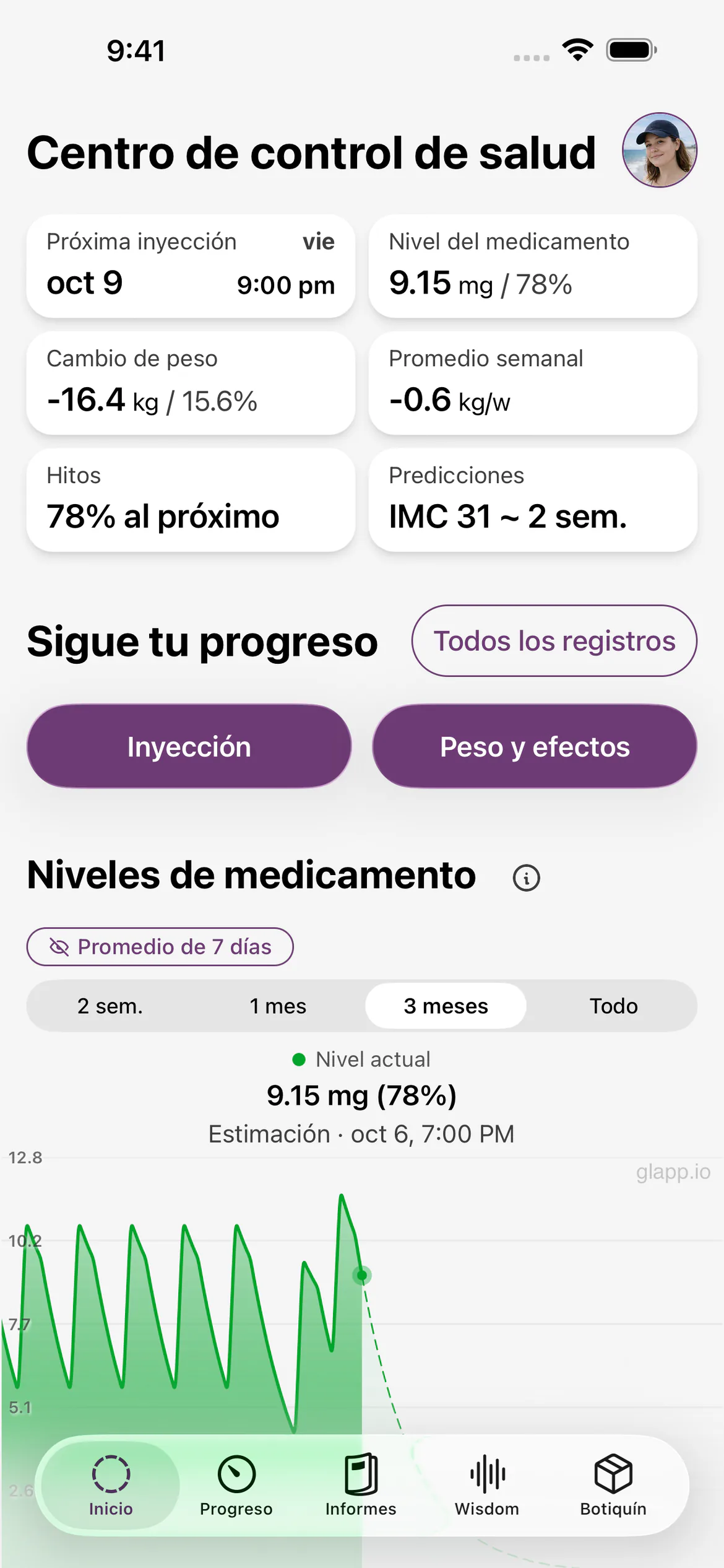 Panel de Glapp con el tema Clásico: próxima inyección, nivel del medicamento y progreso de peso