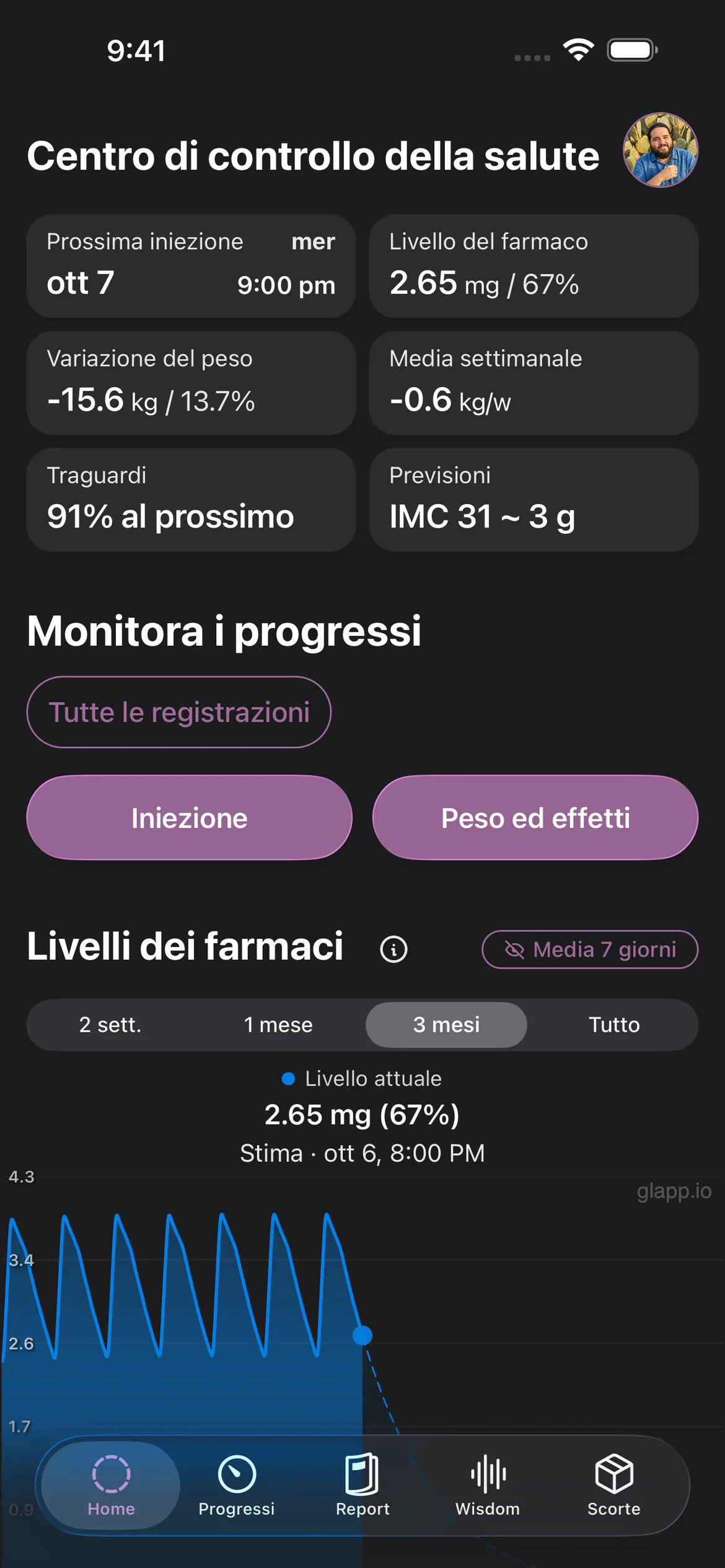 Dashboard di Glapp per la semaglutide con tema Classico scuro e un profilo maschile