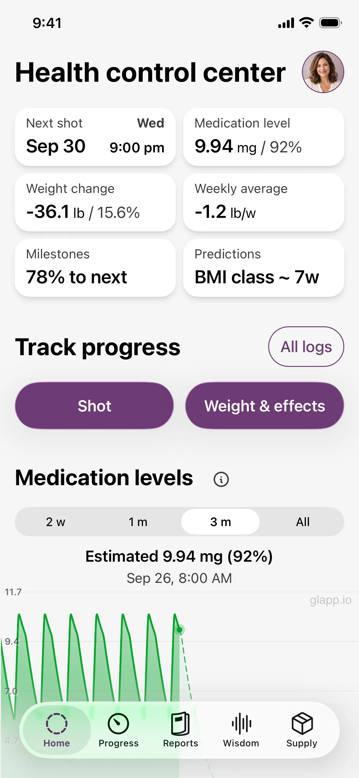 Glapp control center with shot logging and weight and effects tracking; illustrative data, not retatrutide results