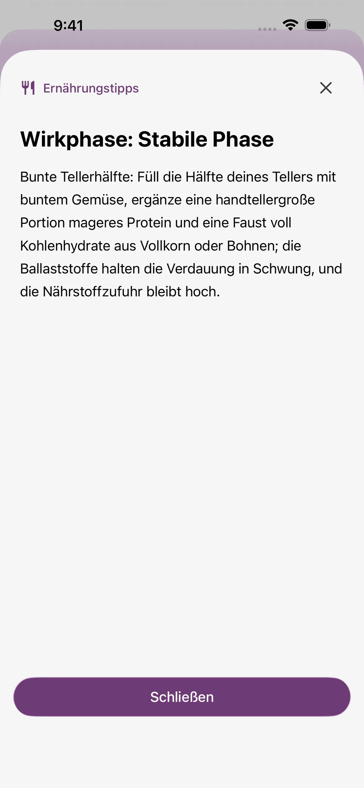 „Ernährungstipps“ in Glapp für iOS zur Stabilen Phase, mit der vollständigen Erinnerung an ausgewogene Mahlzeiten