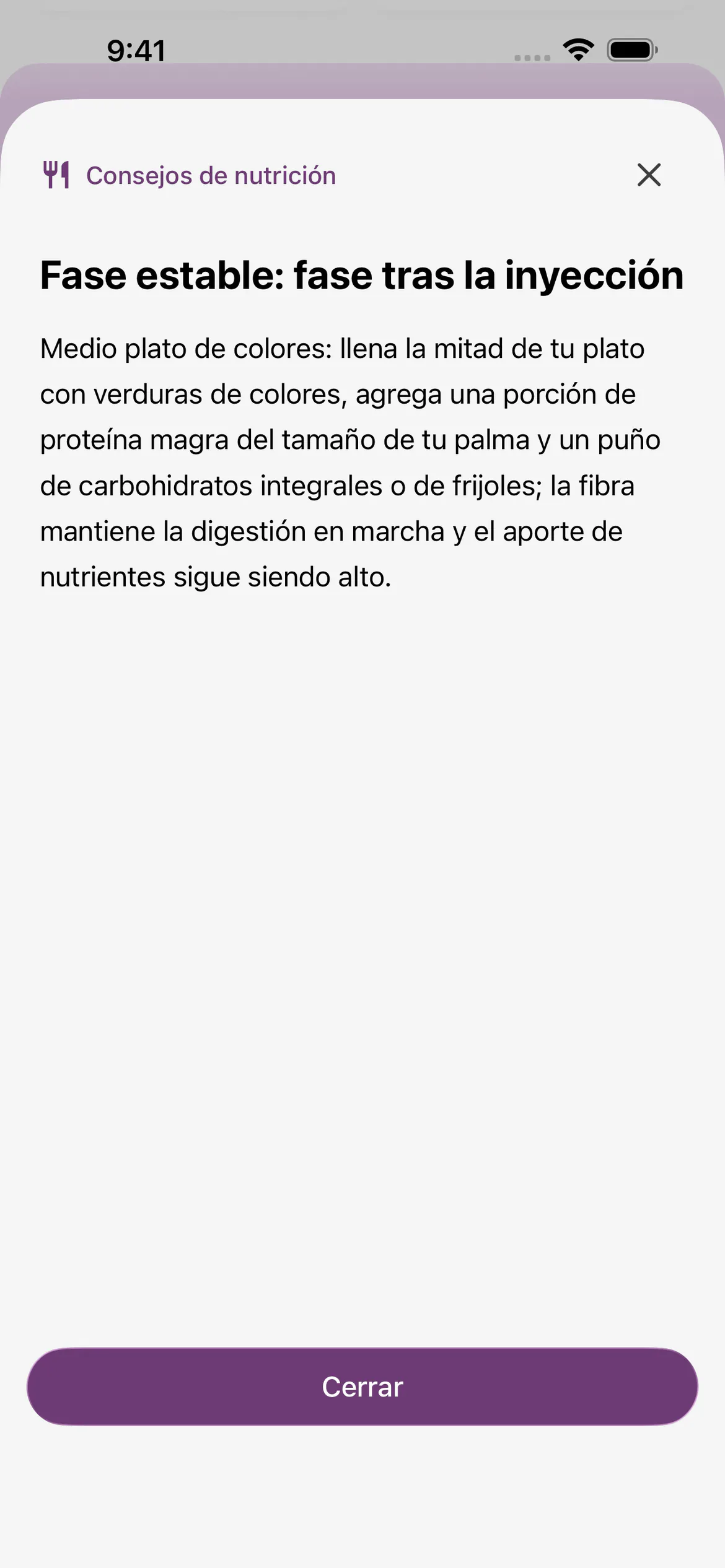Detalle de “Consejos de nutrición” de Glapp para iOS en la fase estable, con el recordatorio completo sobre comidas equilibradas