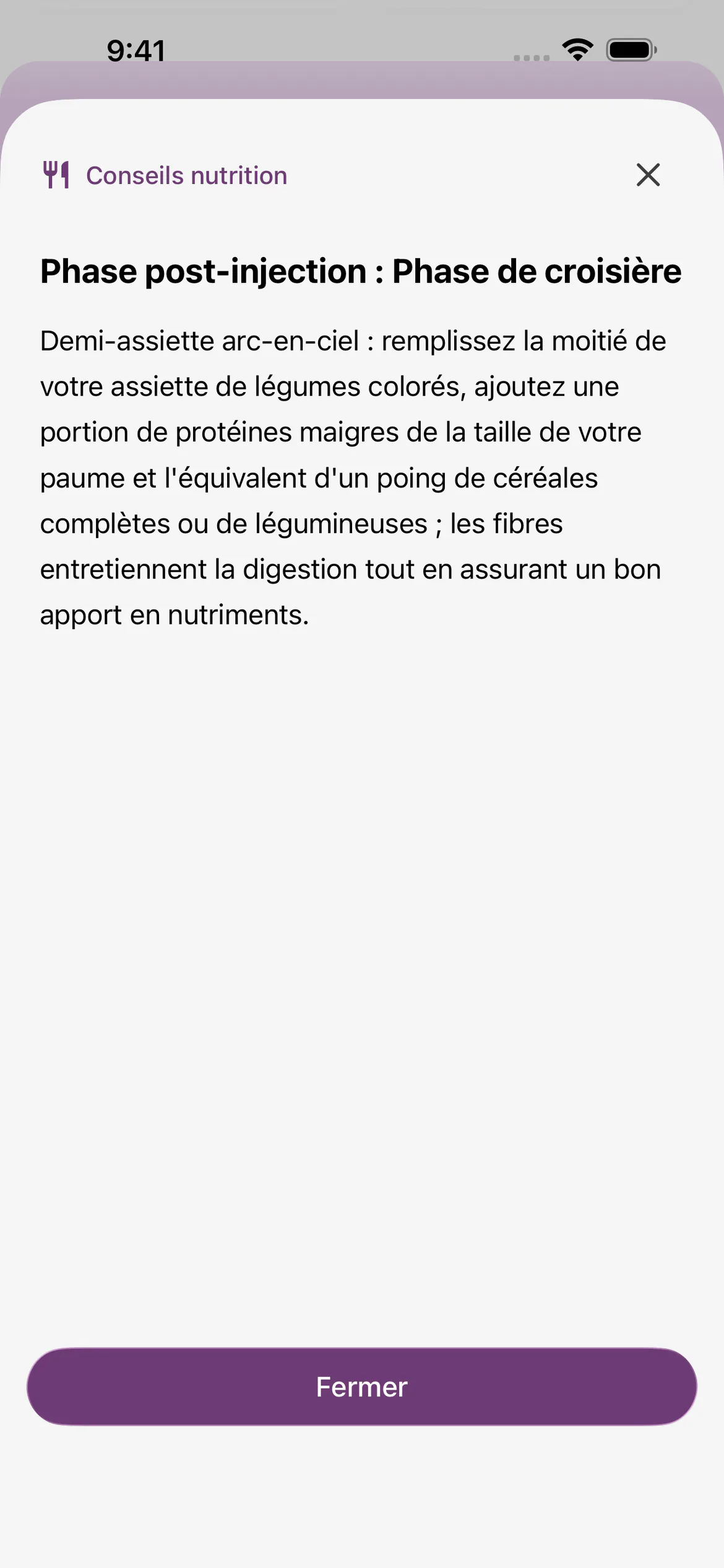 Détail des conseils nutrition de Glapp sur iOS pour la phase de croisière, avec le rappel complet sur les repas équilibrés