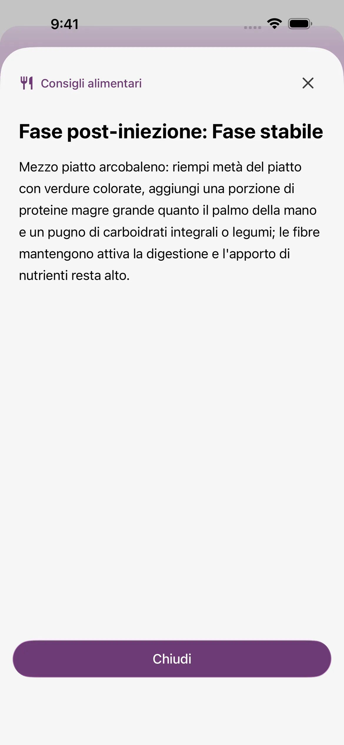 Dettaglio dei “Consigli alimentari” di Glapp per iOS nella “Fase stabile”, con il promemoria completo sul pasto equilibrato