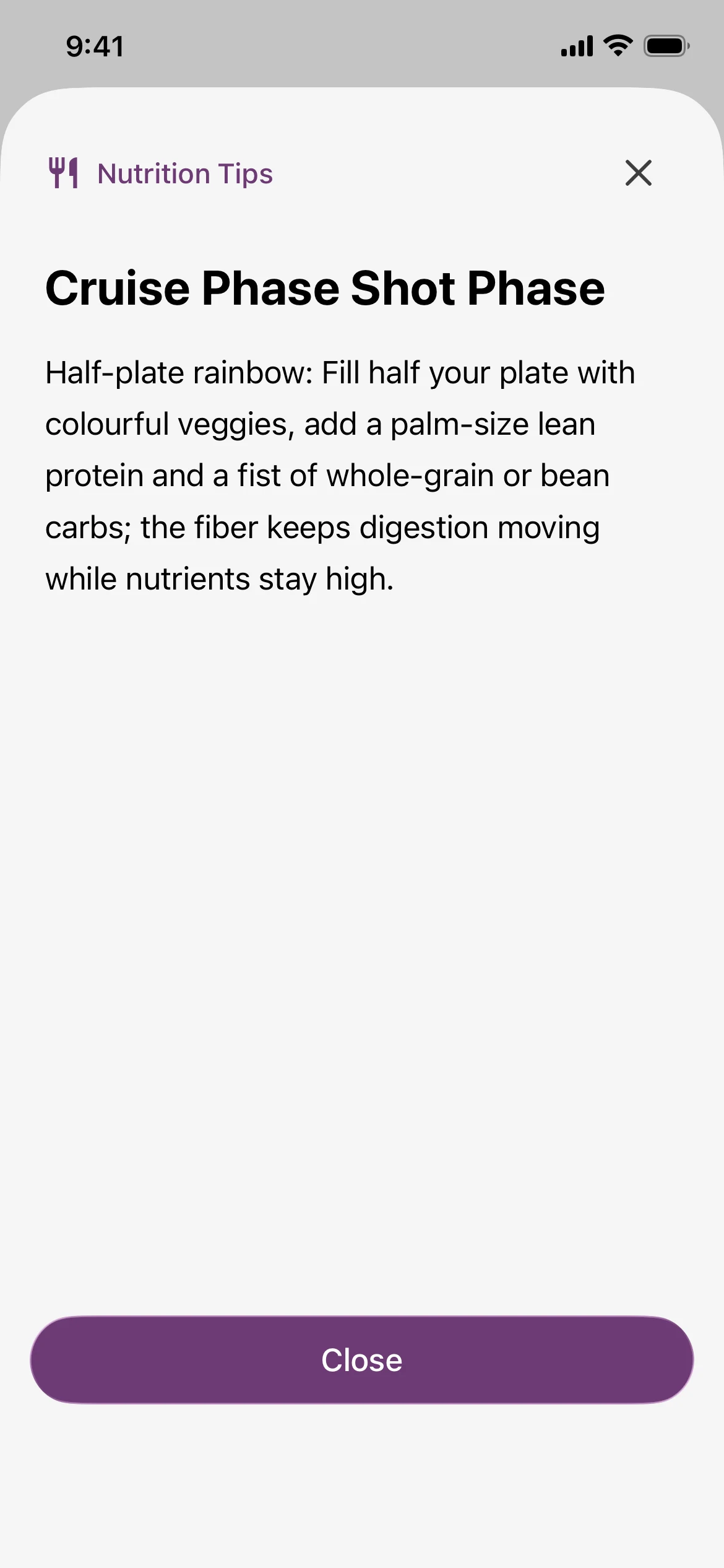 Glapp iOS Nutrition Tips detail for Cruise Phase, with the complete balanced-meal reminder