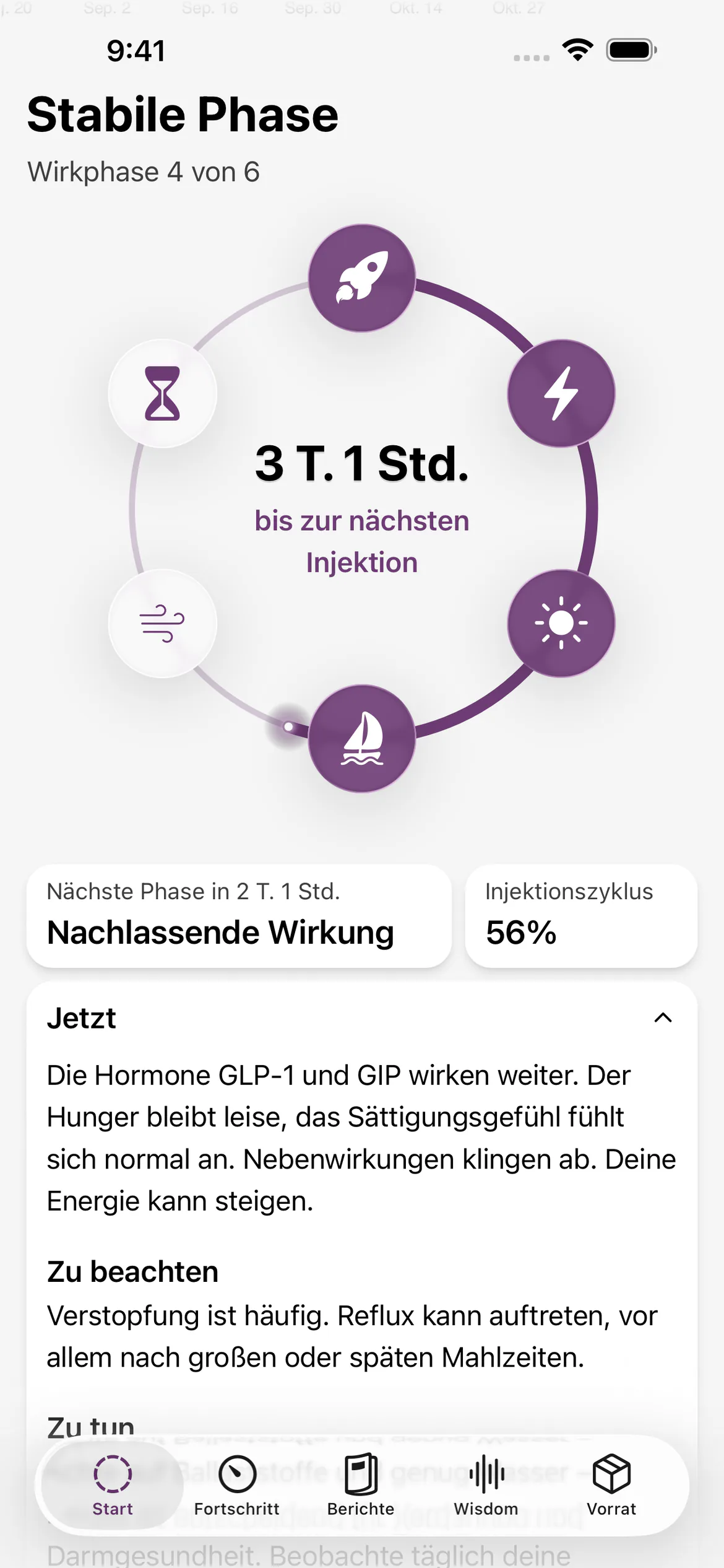 „Stabile Phase“ in Glapp mit Diagramm des Injektionszyklus und Countdown bis zur nächsten Injektion