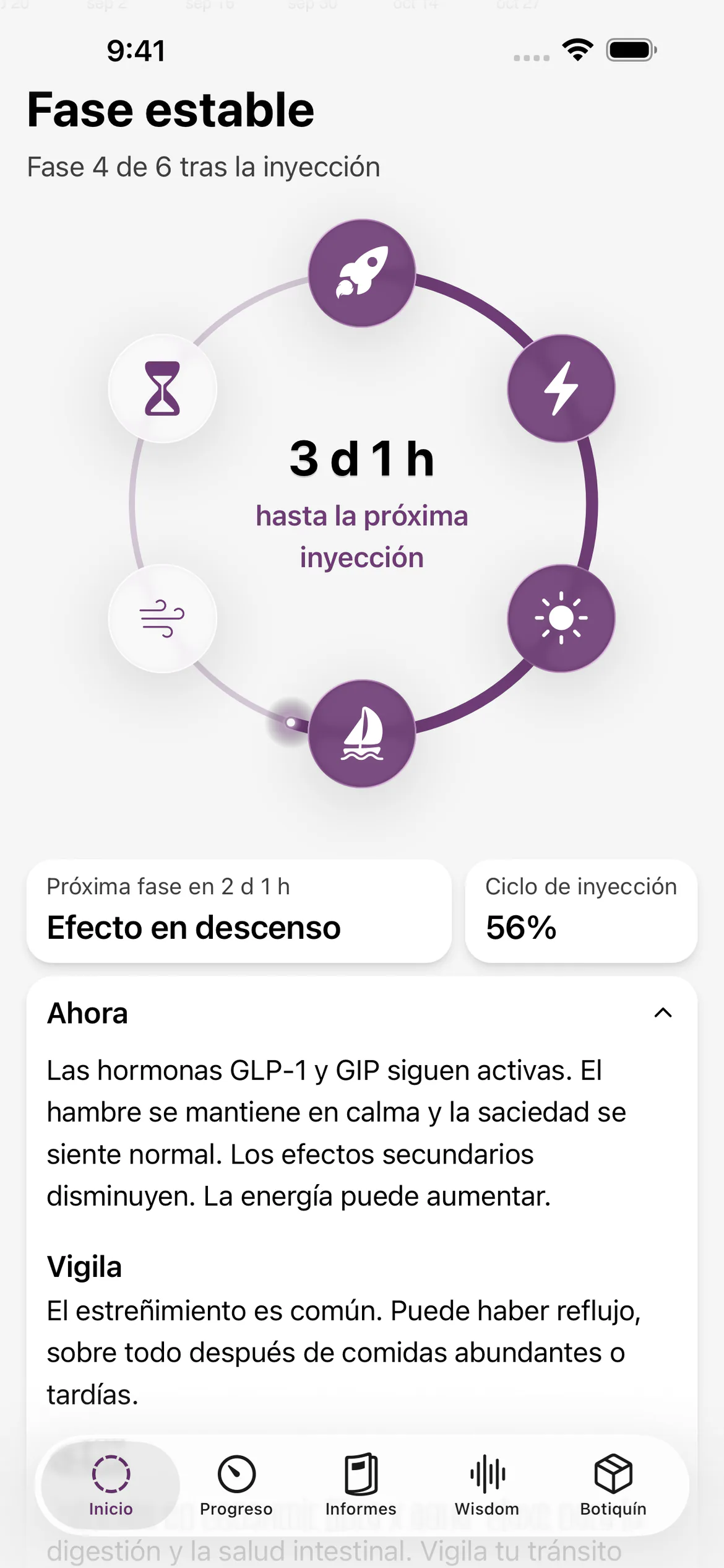 Fase estable en Glapp, con el diagrama del ciclo de la inyección y la cuenta regresiva hasta la próxima inyección