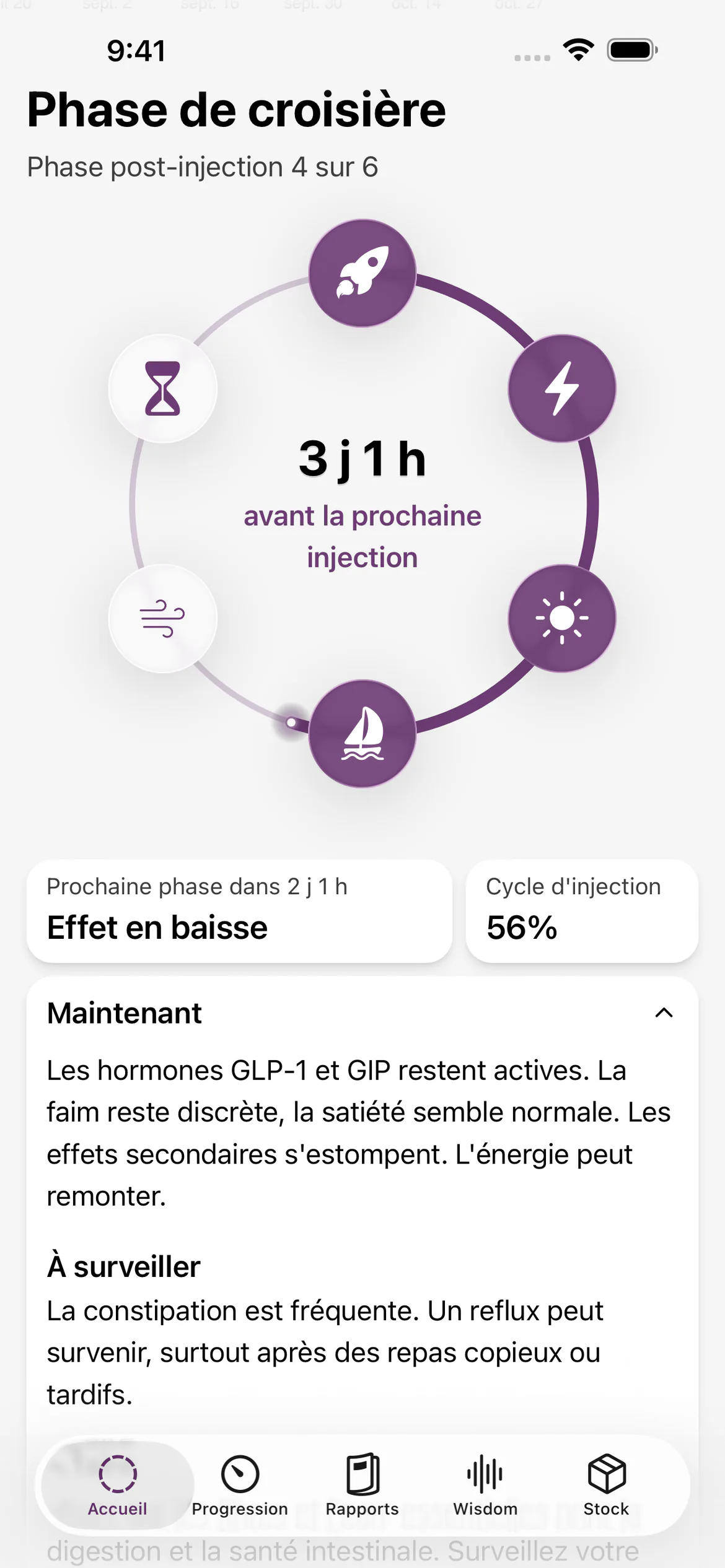 Phase de croisière dans Glapp, avec le schéma du cycle d'injection et le compte à rebours jusqu'à la prochaine injection