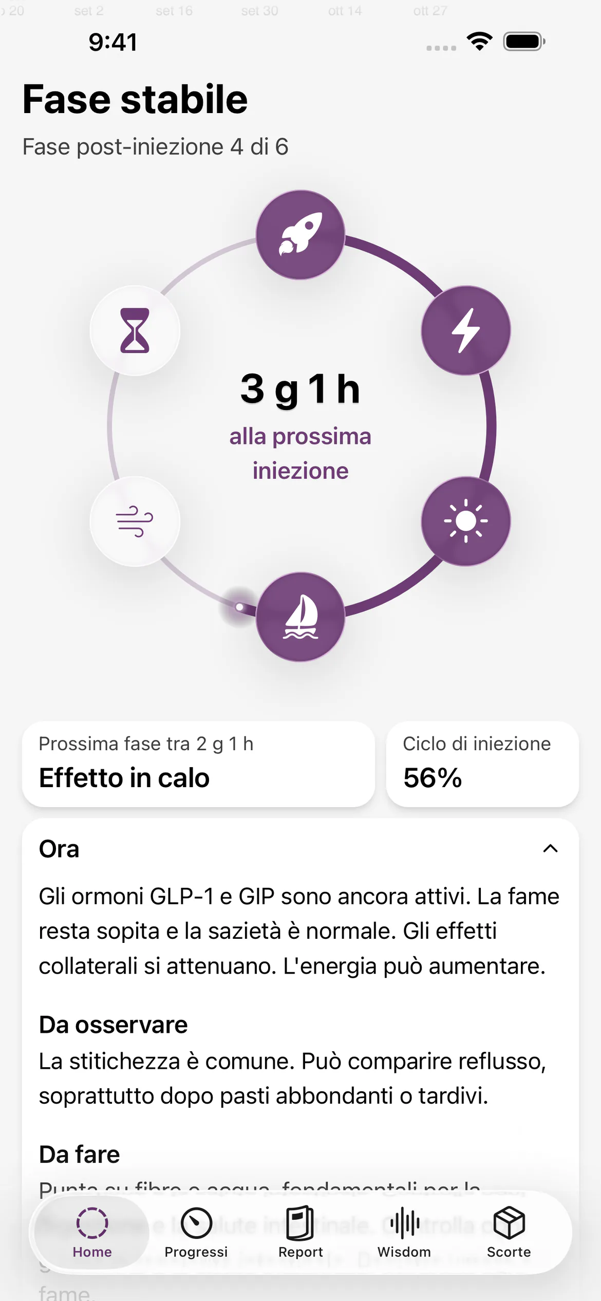 “Fase stabile” in Glapp con il diagramma del ciclo dell'iniezione e il conto alla rovescia per la prossima iniezione