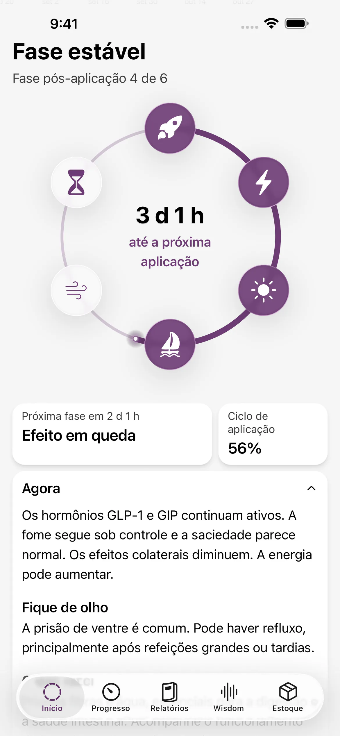 Fase estável no Glapp, com o diagrama do ciclo de aplicação e a contagem regressiva para a próxima aplicação