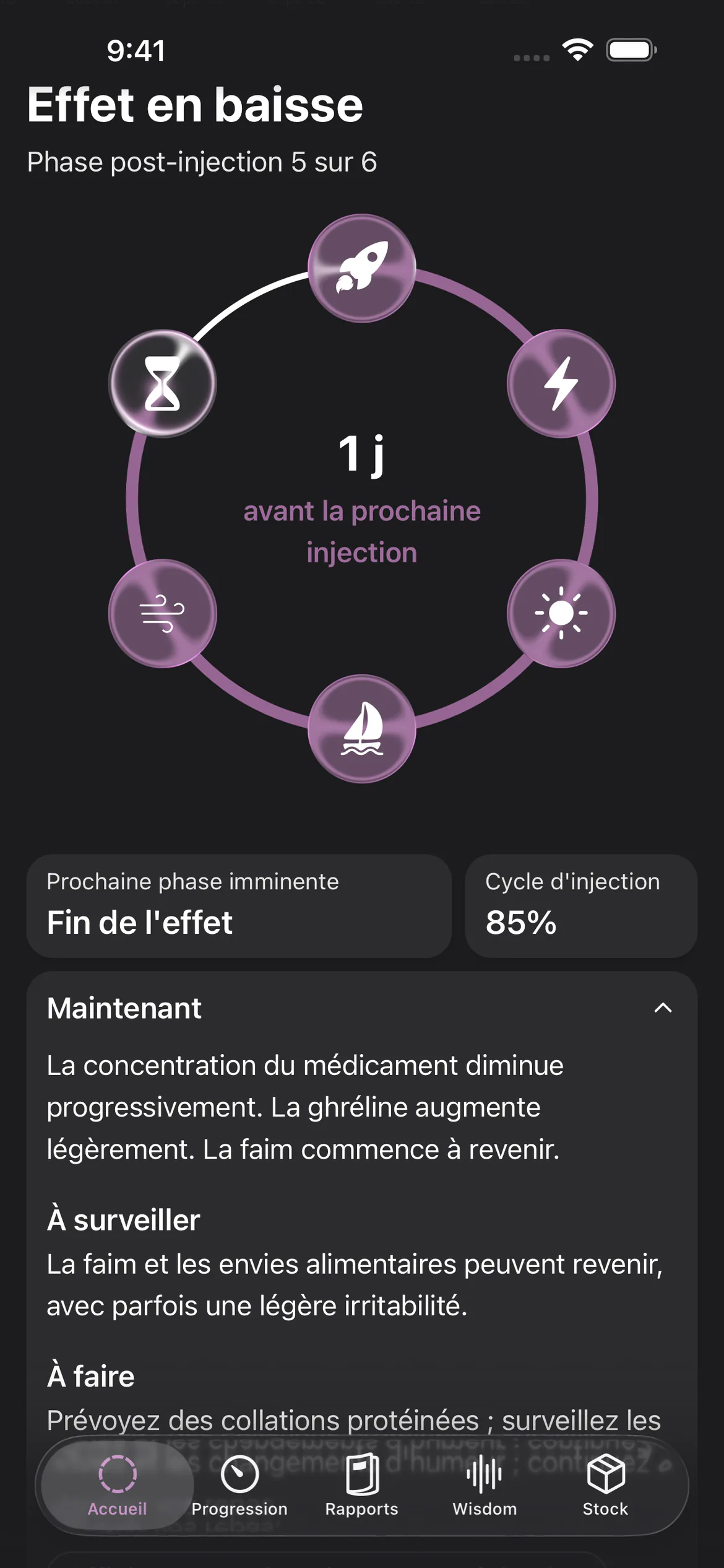 Phases post-injection dans Glapp, avec le cycle hebdomadaire et le temps restant avant la prochaine injection