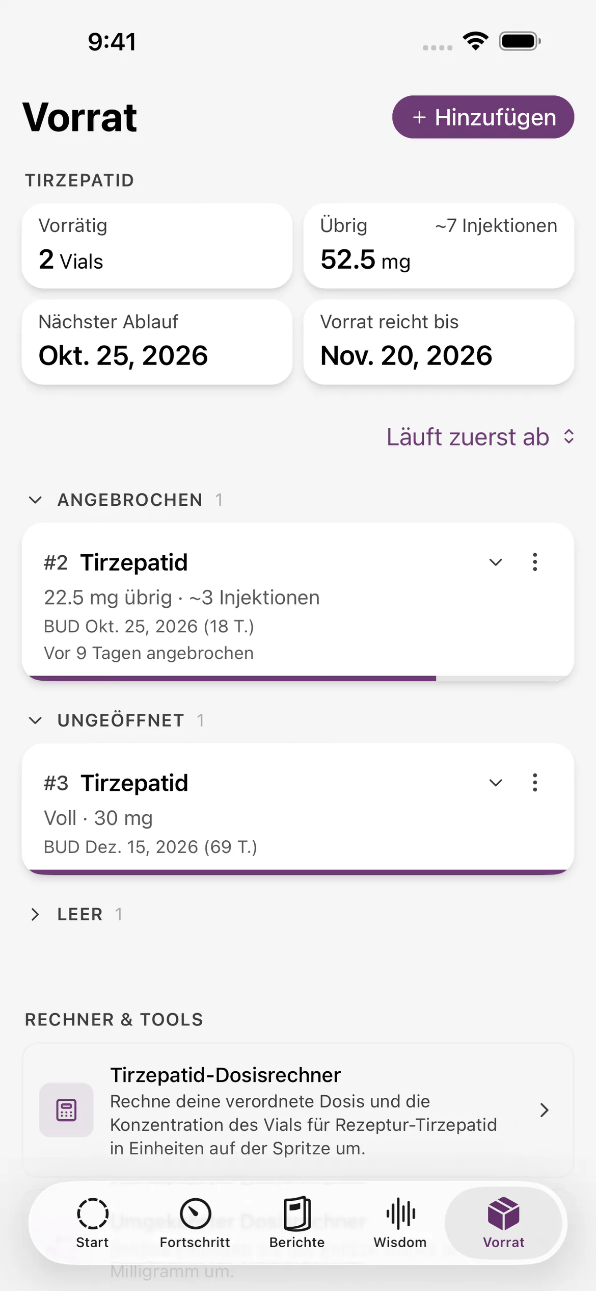 Glapp-Medikamentenvorrat mit verbleibenden Dosen und Ablaufdaten