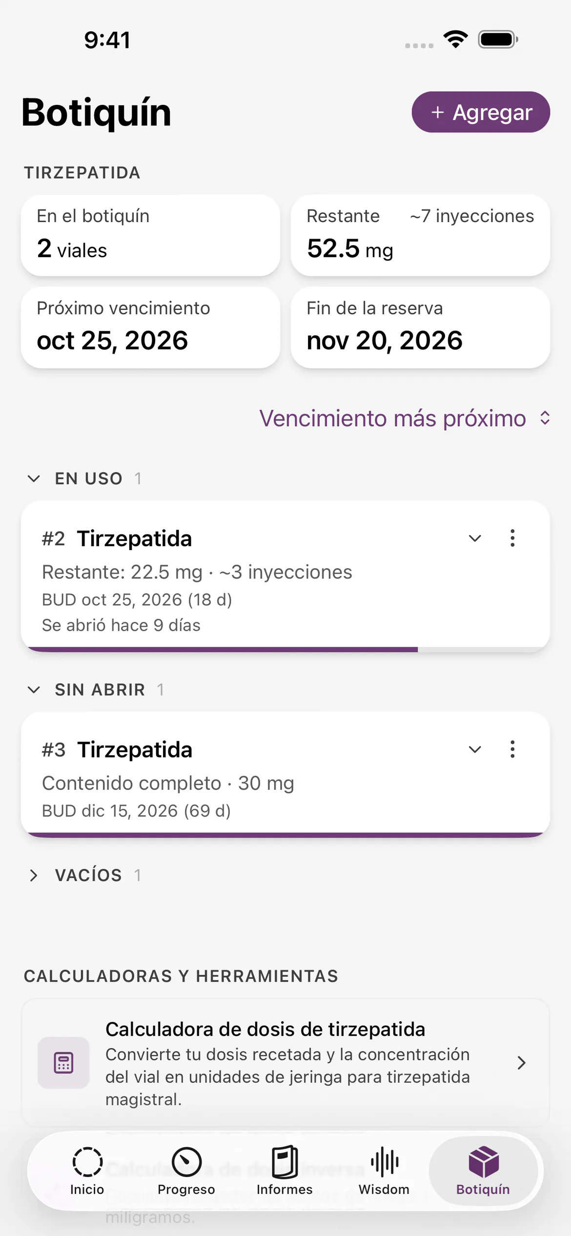 Inventario del botiquín de Glapp con las dosis restantes y las fechas de vencimiento