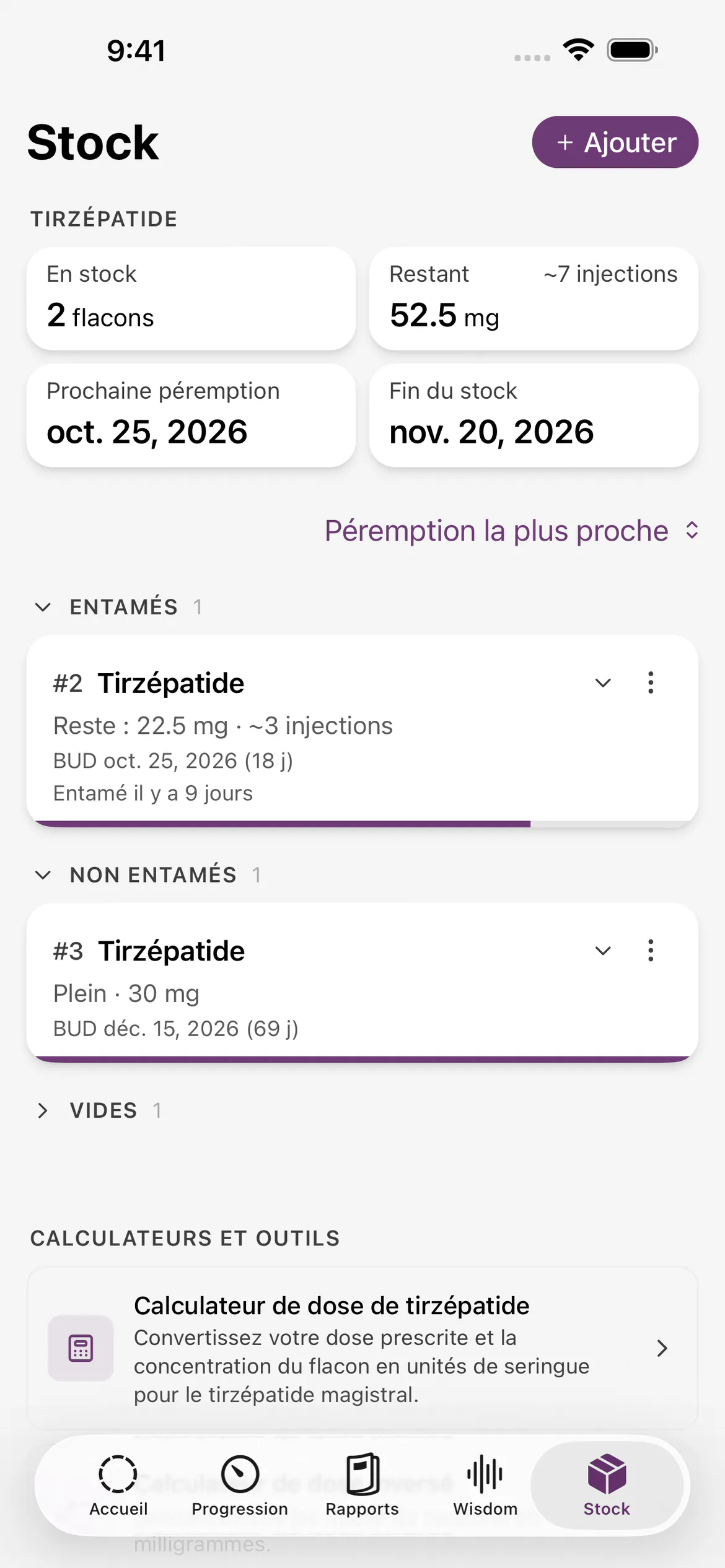 Inventaire du stock de médicament dans Glapp, avec les doses restantes et les dates de péremption