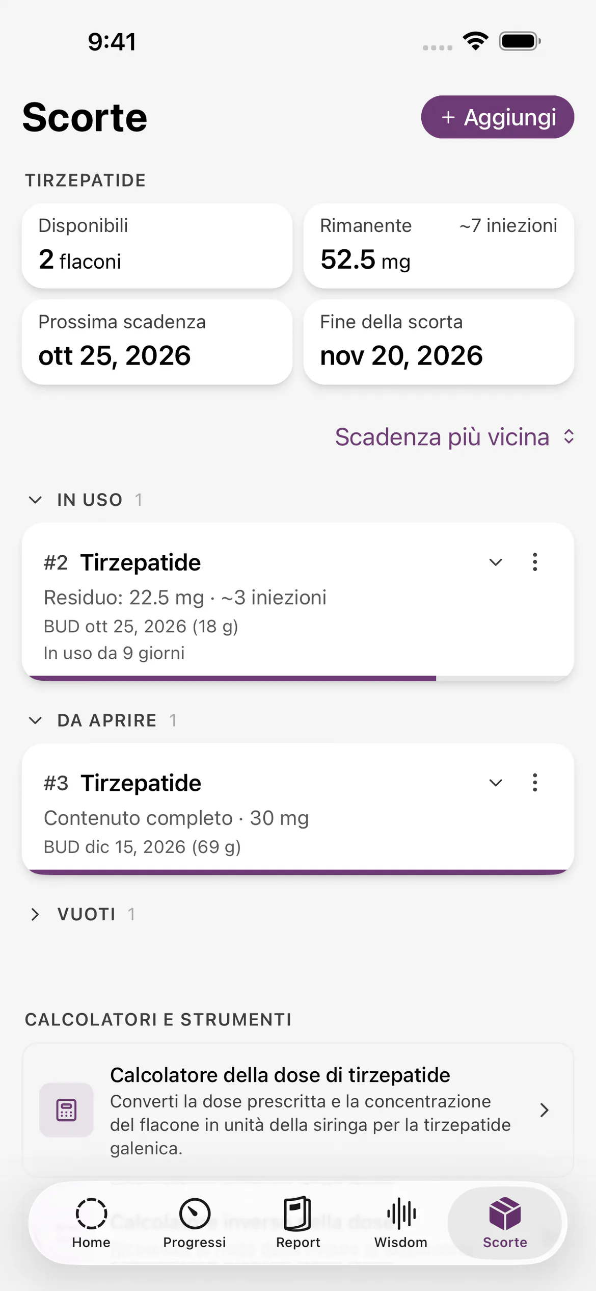 Inventario delle scorte in Glapp con dosi rimanenti e date di scadenza