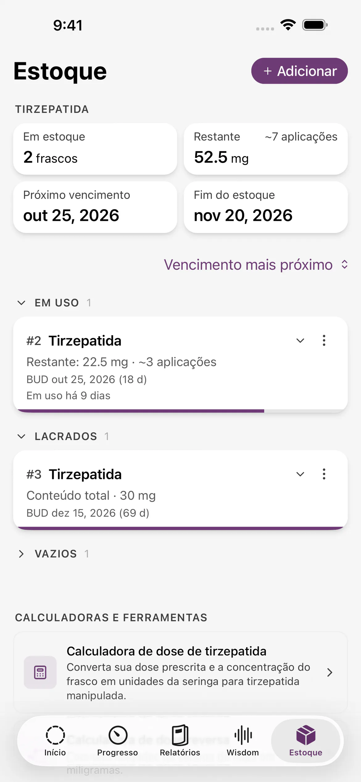 Estoque de medicamentos do Glapp com as doses restantes e as datas de validade