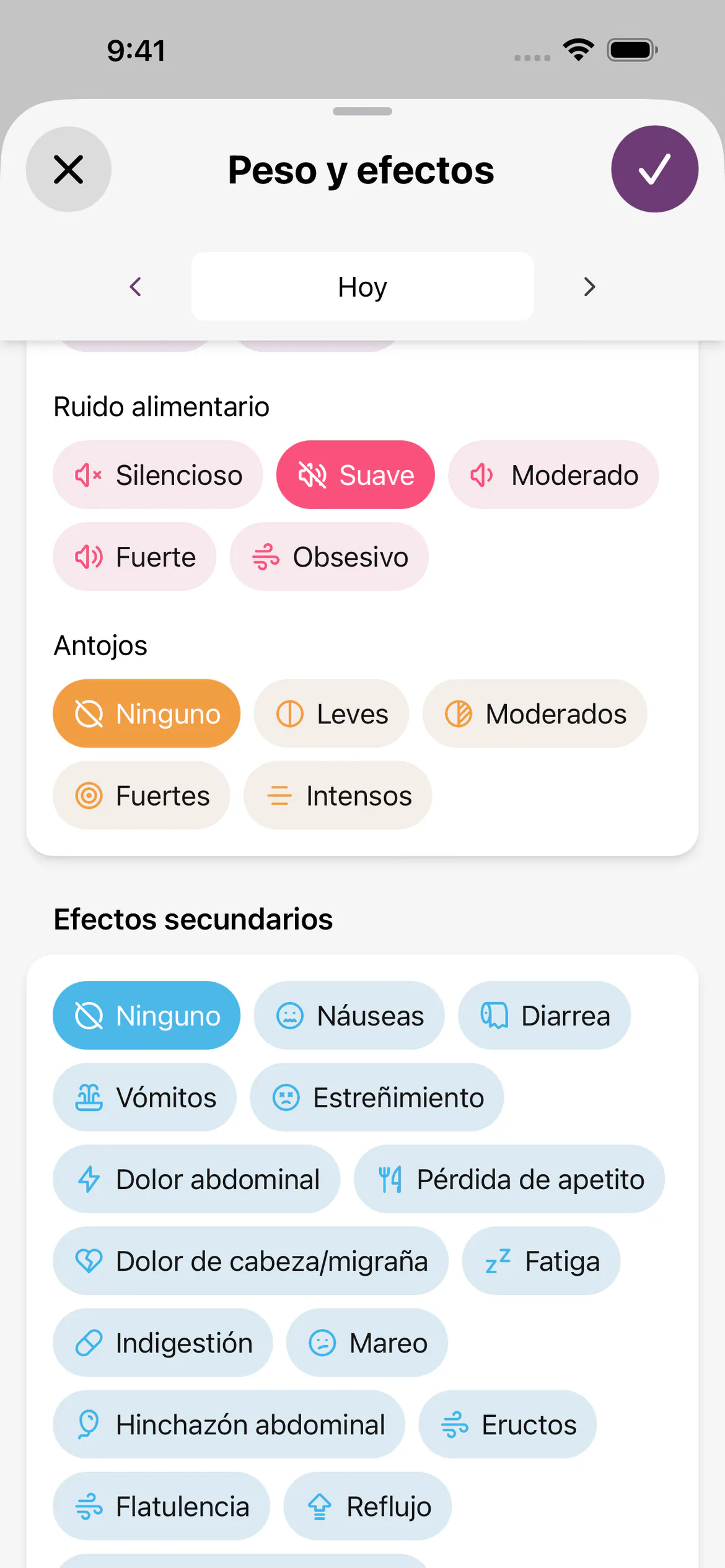 Registro diario con ruido alimentario suave, sin antojos y sin efectos secundarios