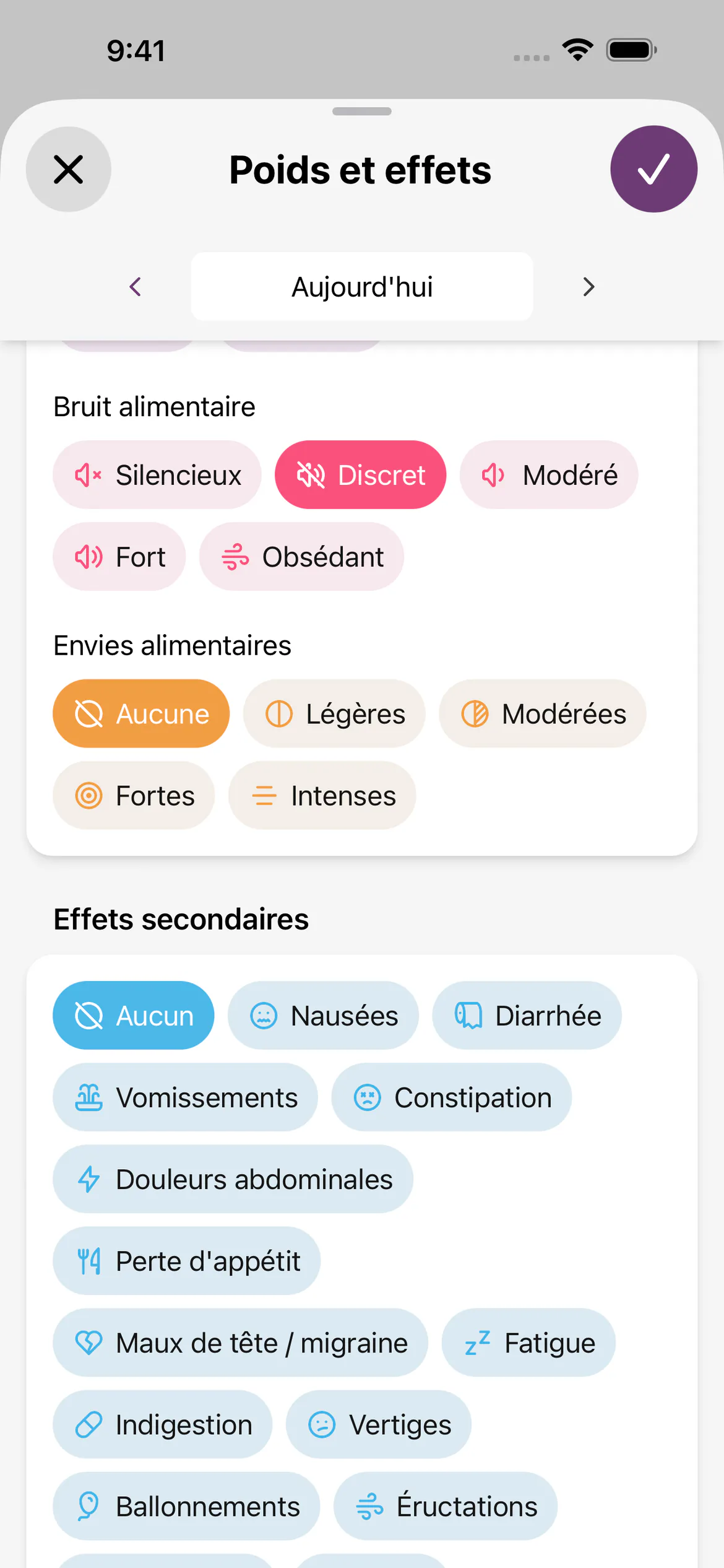Bilan quotidien avec un bruit alimentaire discret, sans envies alimentaires ni effets secondaires