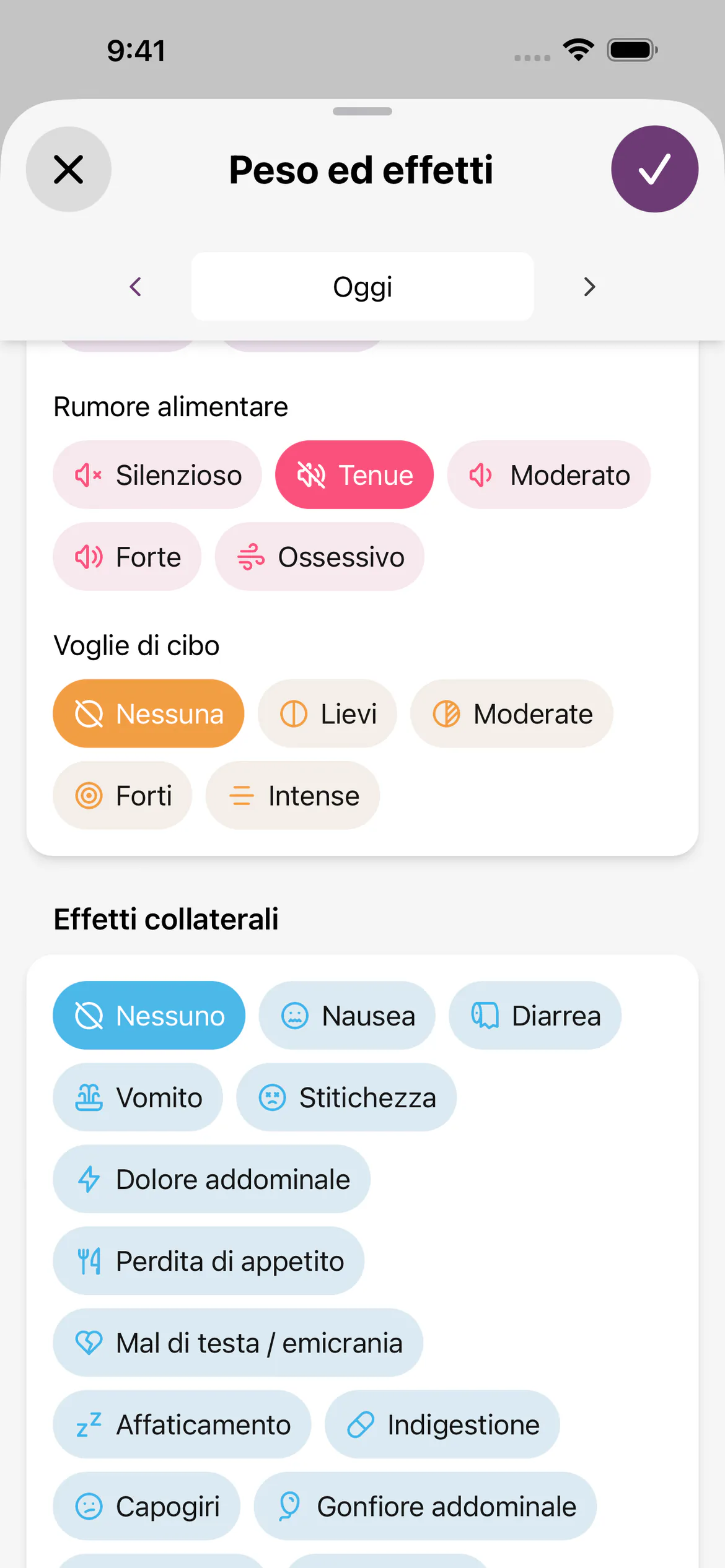 Registrazione giornaliera con rumore alimentare tenue, nessuna voglia di cibo e nessun effetto collaterale