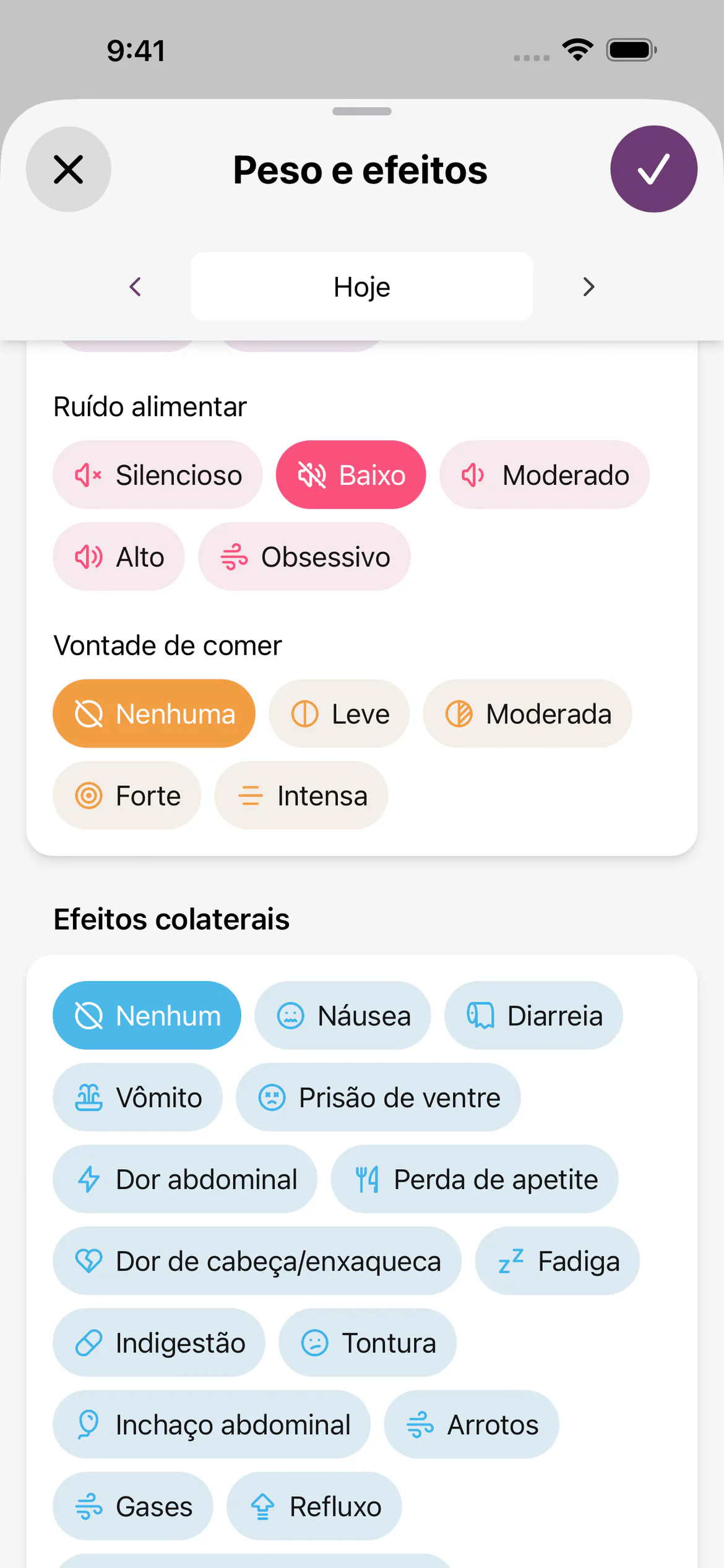 Registro diário com ruído alimentar baixo, sem vontade de comer e sem efeitos colaterais