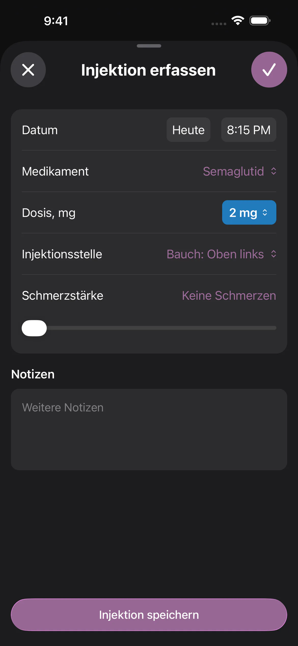 Glapp-Injektionseintrag für Semaglutid im Dunkelmodus mit Dosis, Injektionsstelle und Datum