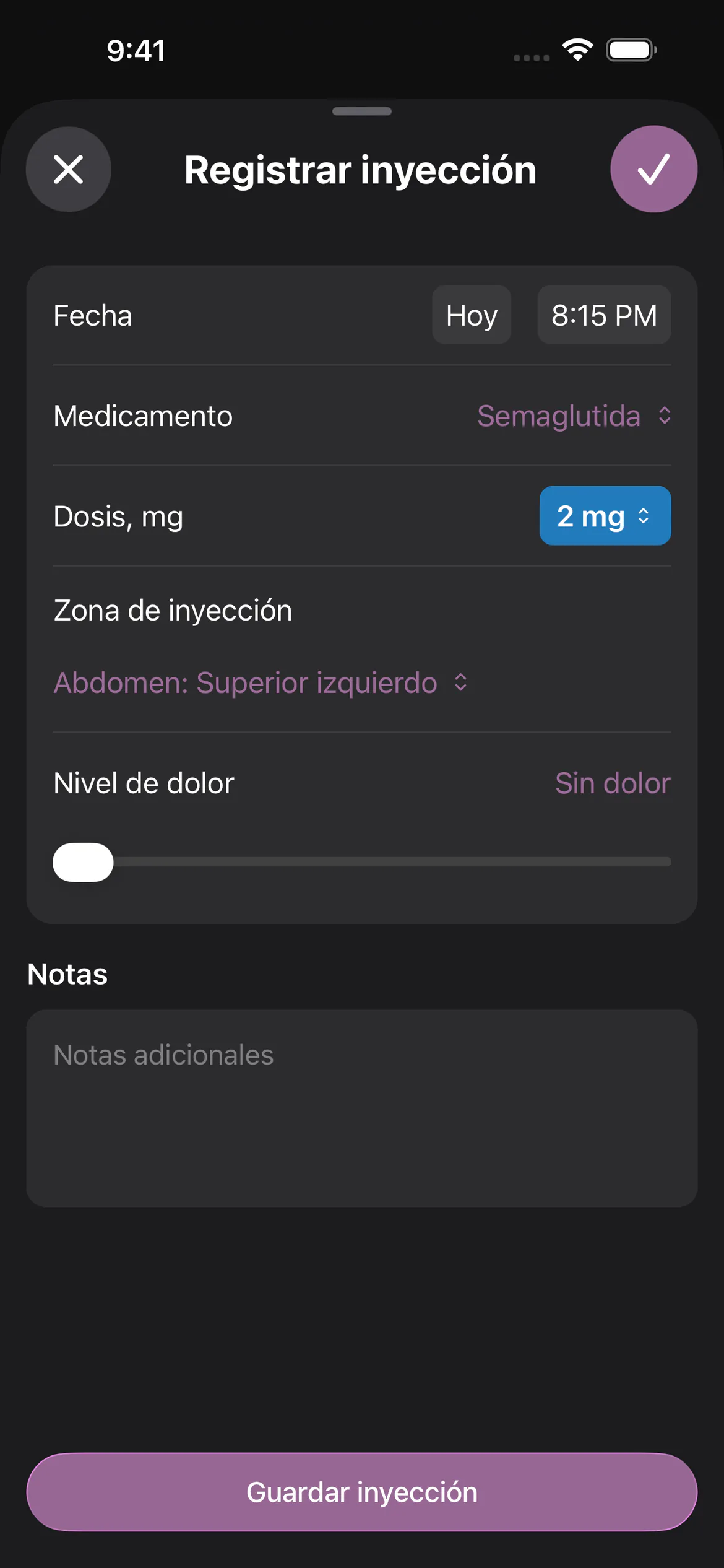 Registro de inyecciones de semaglutida en Glapp en modo oscuro, con dosis, zona de inyección y fecha