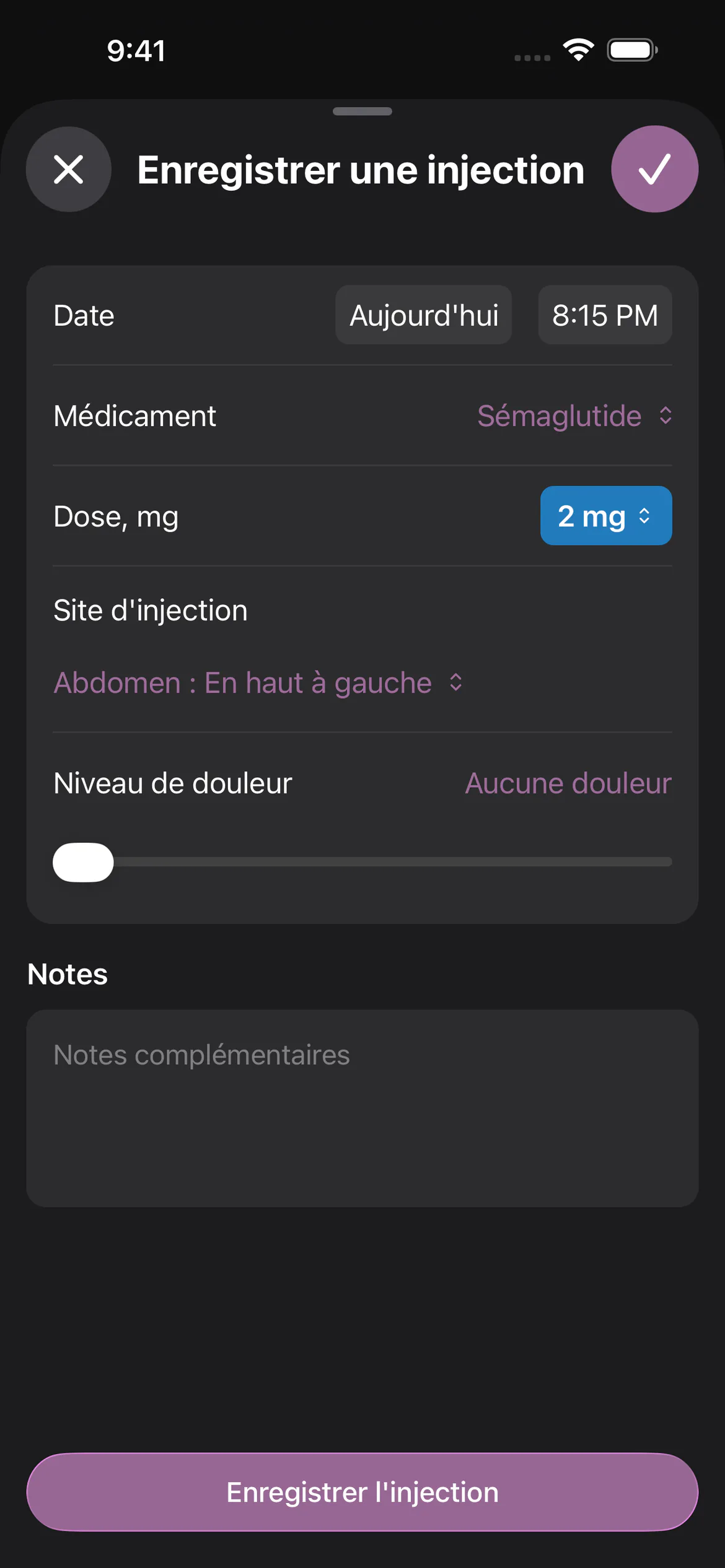 Journal des injections de sémaglutide dans Glapp en mode sombre, avec la dose, le site d'injection et la date