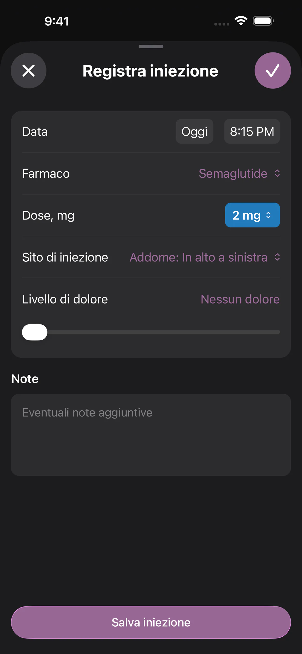 Registro delle iniezioni di semaglutide di Glapp in modalità scura, con dose, sito di iniezione e data