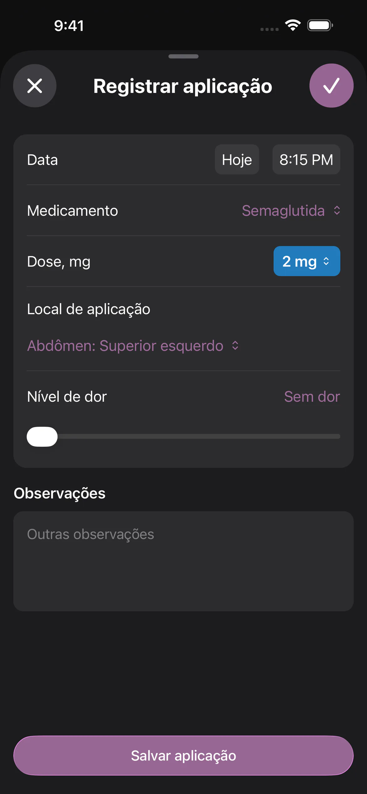 Registro de aplicações de semaglutida no Glapp em modo escuro, com dose, local de aplicação e data