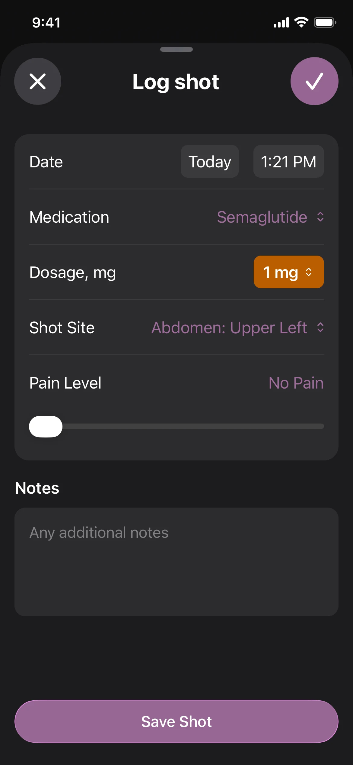 Glapp dark mode semaglutide shot log with dose, injection site, and date