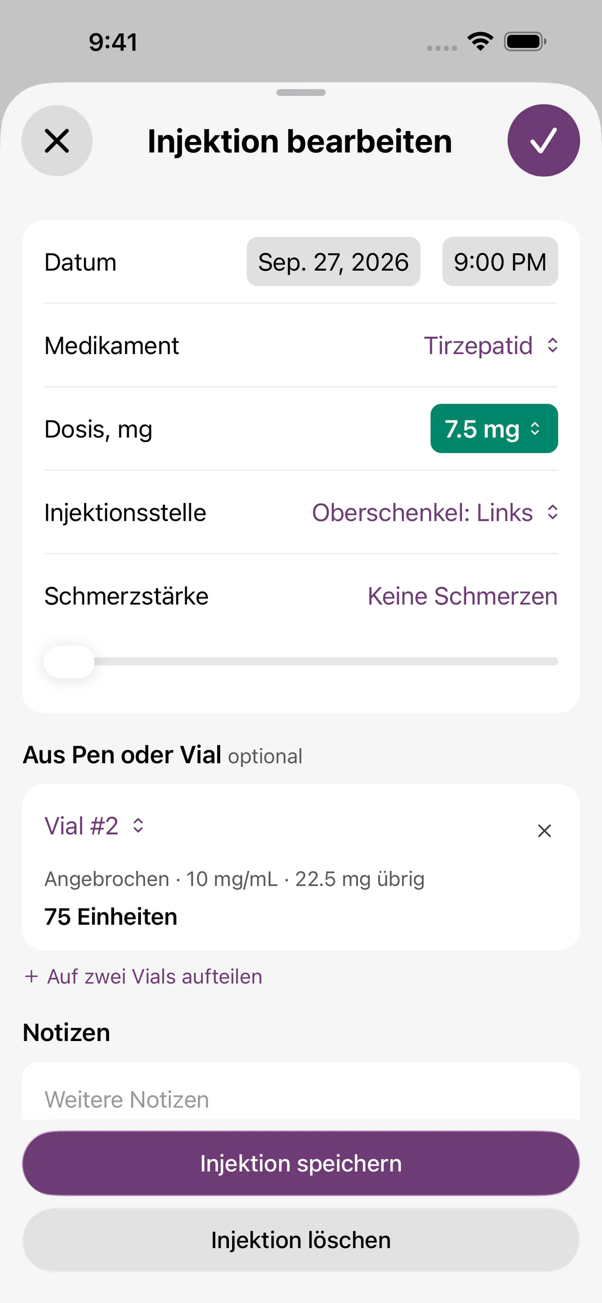 Glapp-Injektionseintrag: 7,5 mg Tirzepatid am 27. Sept. um 21:00 Uhr in den linken Oberschenkel, aus Vial 2