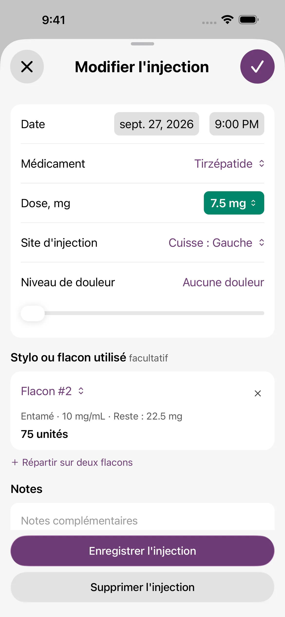 Injection enregistrée dans Glapp : 7,5 mg de tirzépatide le 27 sept. à 21 h dans la cuisse gauche, prélevés dans le flacon n° 2