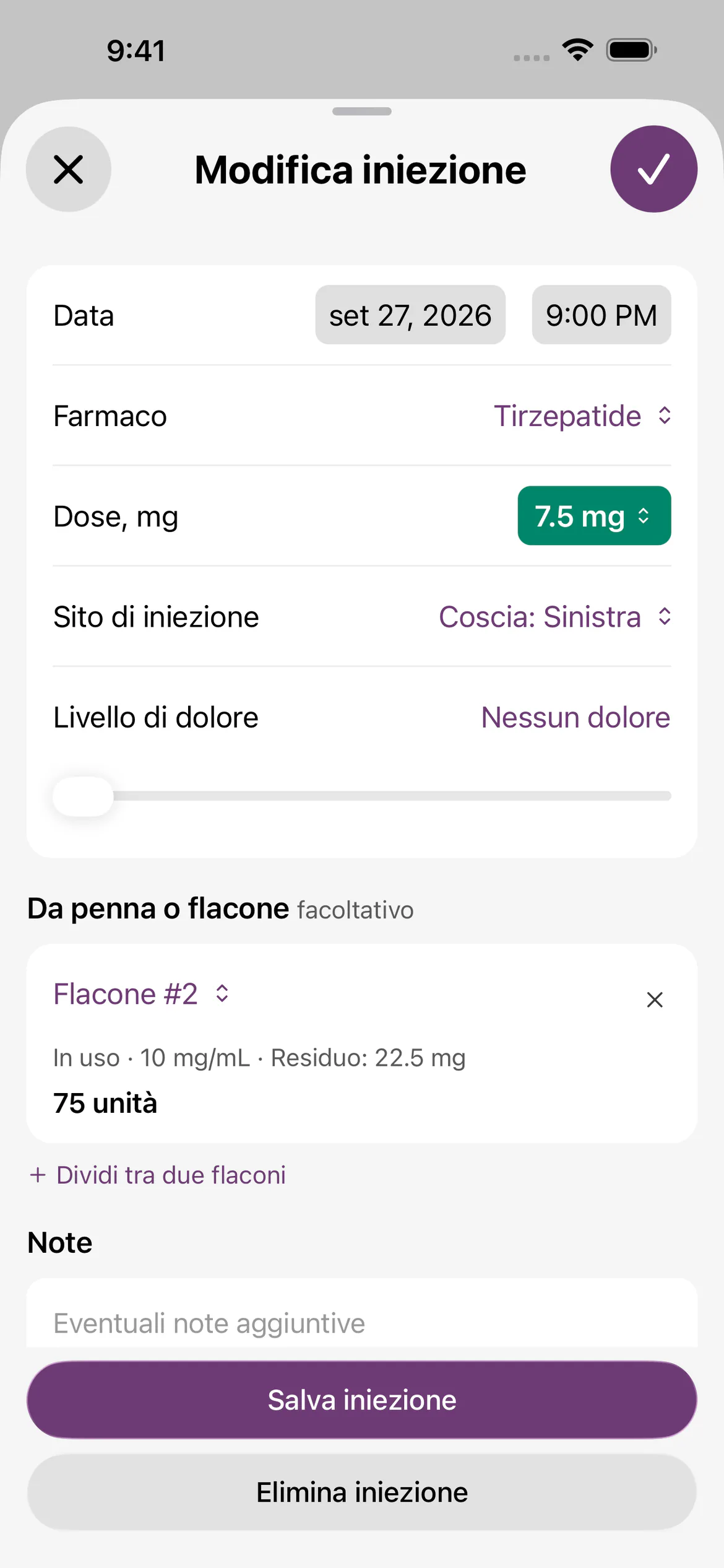 Registrazione di un'iniezione in Glapp: 7,5 mg di tirzepatide il 27 set alle 21:00 nella coscia sinistra, dal flacone n. 2