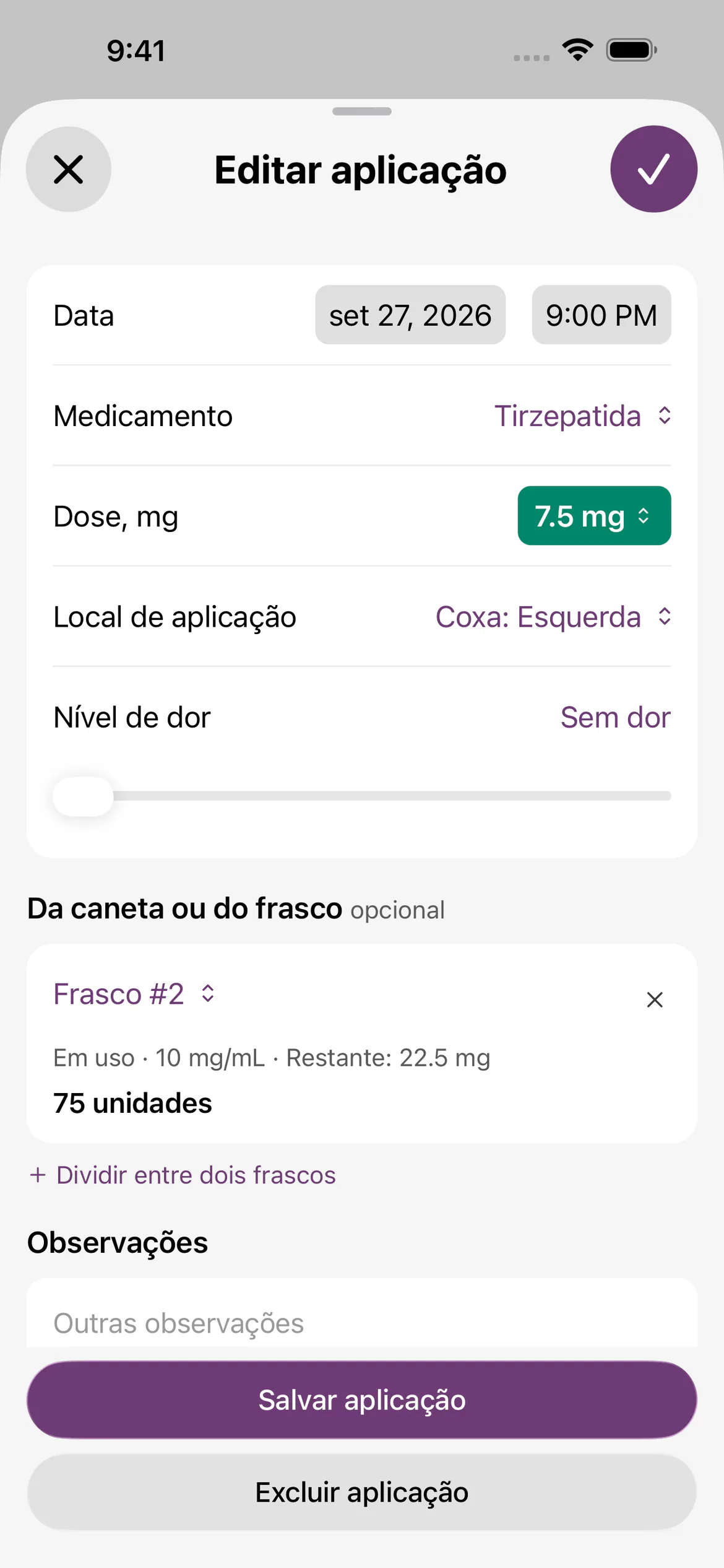 Registro de aplicação no Glapp: 7,5 mg de tirzepatida em 27 de setembro às 21:00, na coxa esquerda, do frasco #2