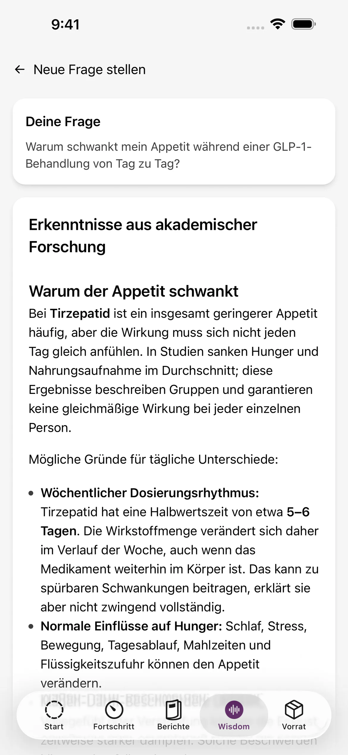 Antwort von Glapp Wisdom auf eine Frage zu Appetitveränderungen nach einer GLP-1-Injektion, mit verlinkten Quellen