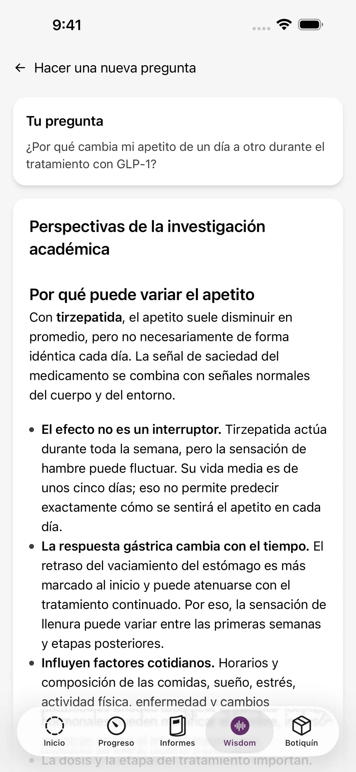 Respuesta de Glapp Wisdom a una pregunta sobre los cambios en el apetito después de una inyección de GLP-1, con citas enlazadas